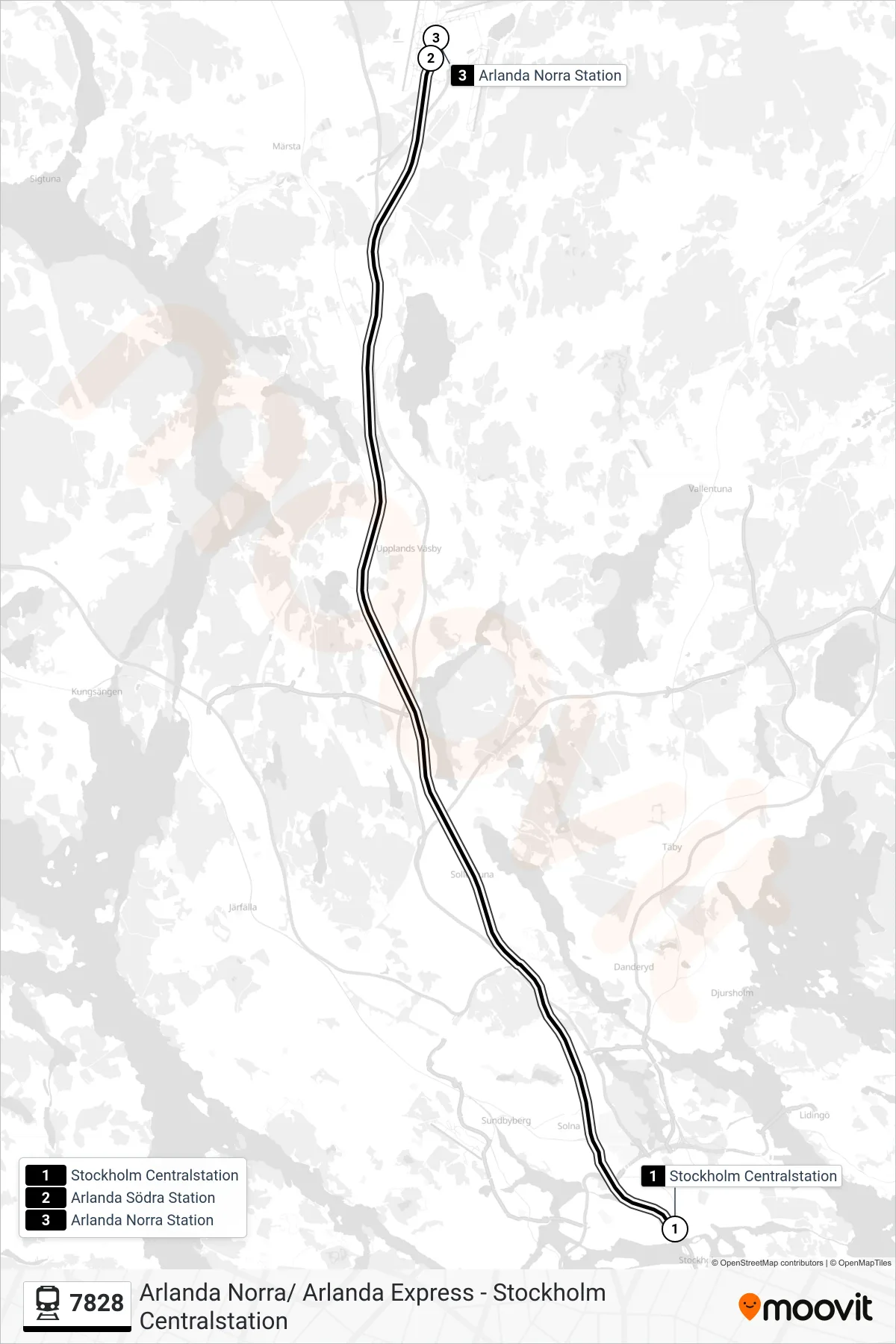 Rutt och hållplatser på karta för linje 7828  spårvagn, (Arlanda Norra/ Arlanda Express)