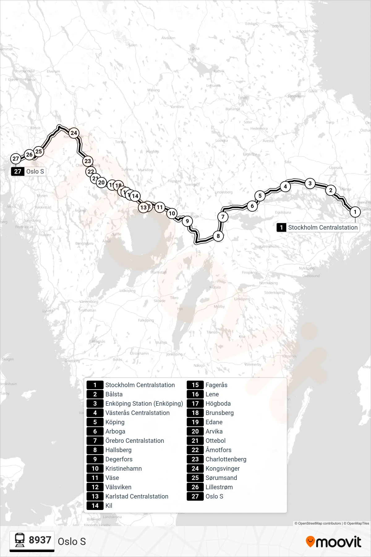 Rutt och hållplatser på karta för linje 8937 spårvagn, (Oslo S)