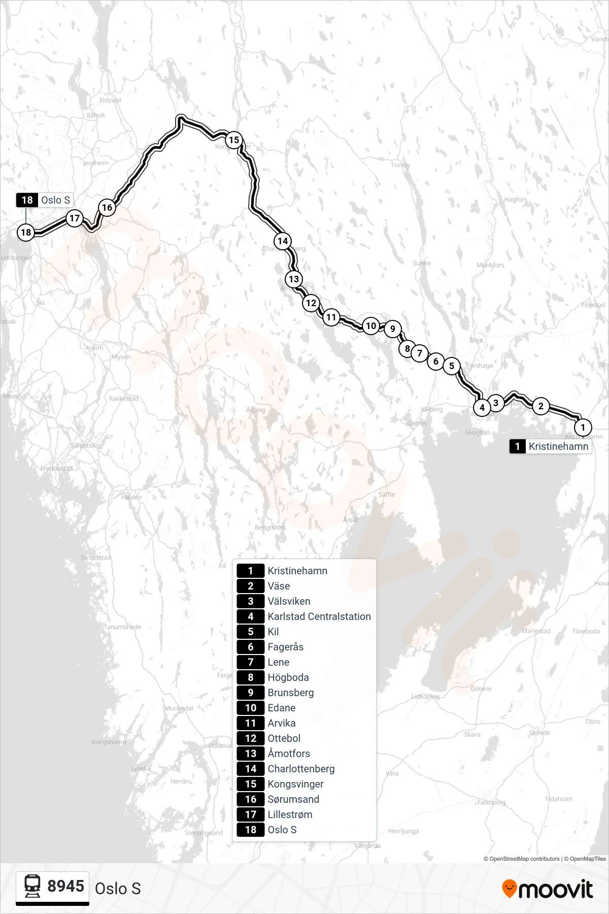 Rutt och hållplatser på karta för linje 8945  spårvagn, (Oslo S)