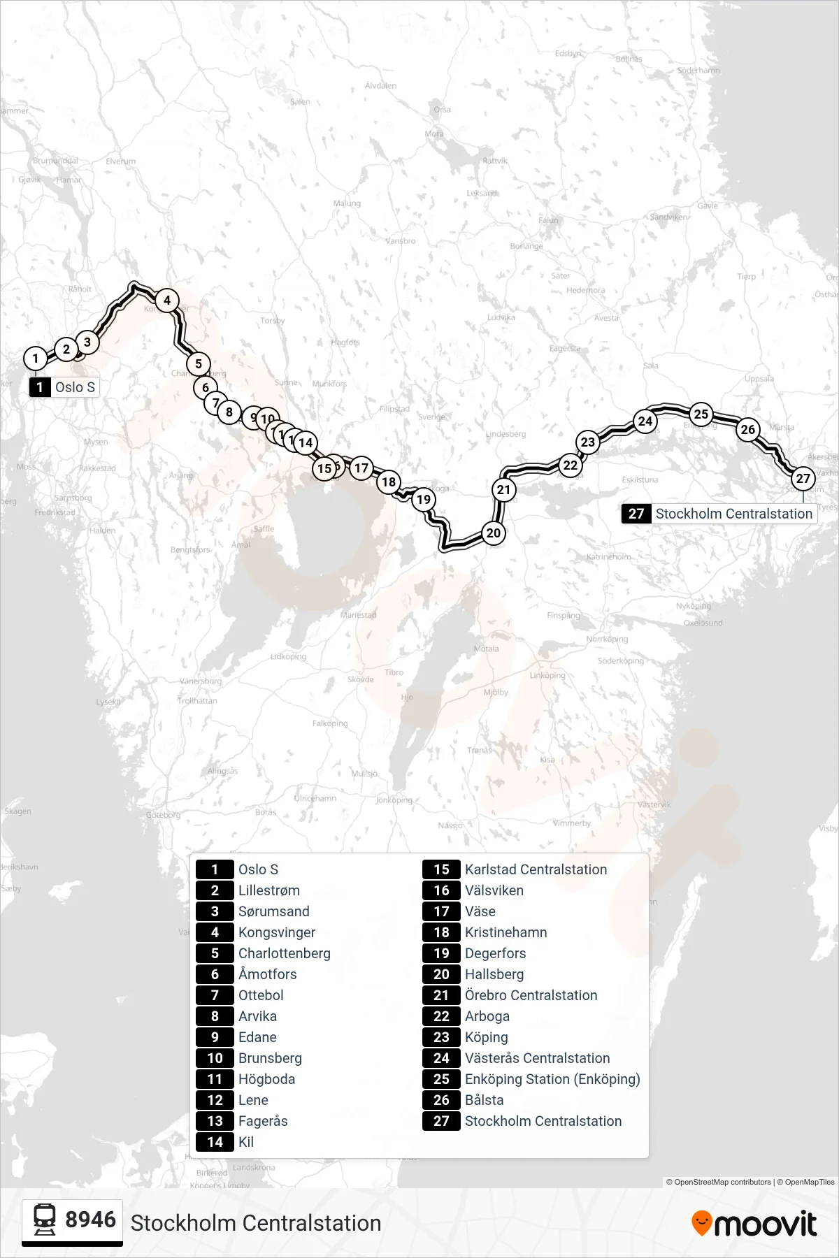 Rutt och hållplatser på karta för linje 8946  spårvagn, (Stockholm Centralstation)