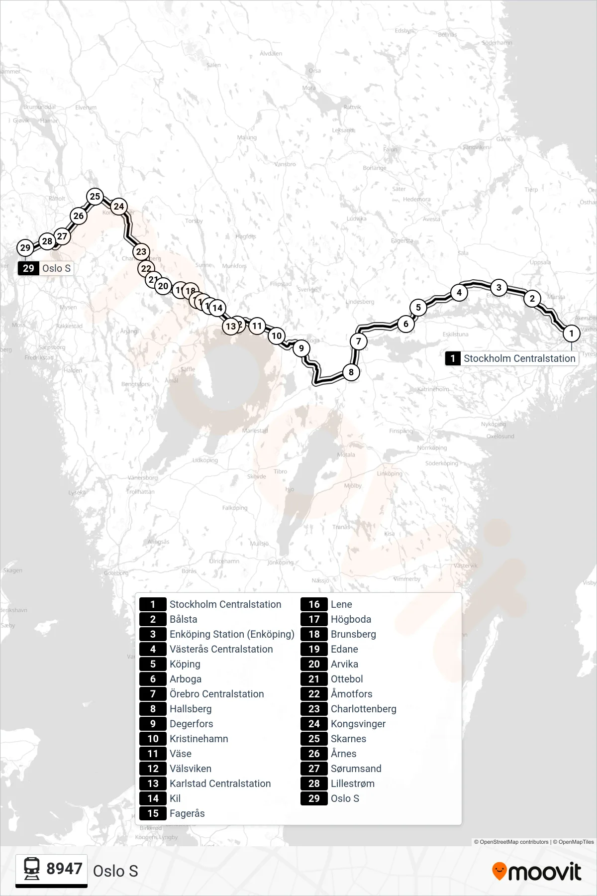 Rutt och hållplatser på karta för linje 8947 spårvagn, (Oslo S)