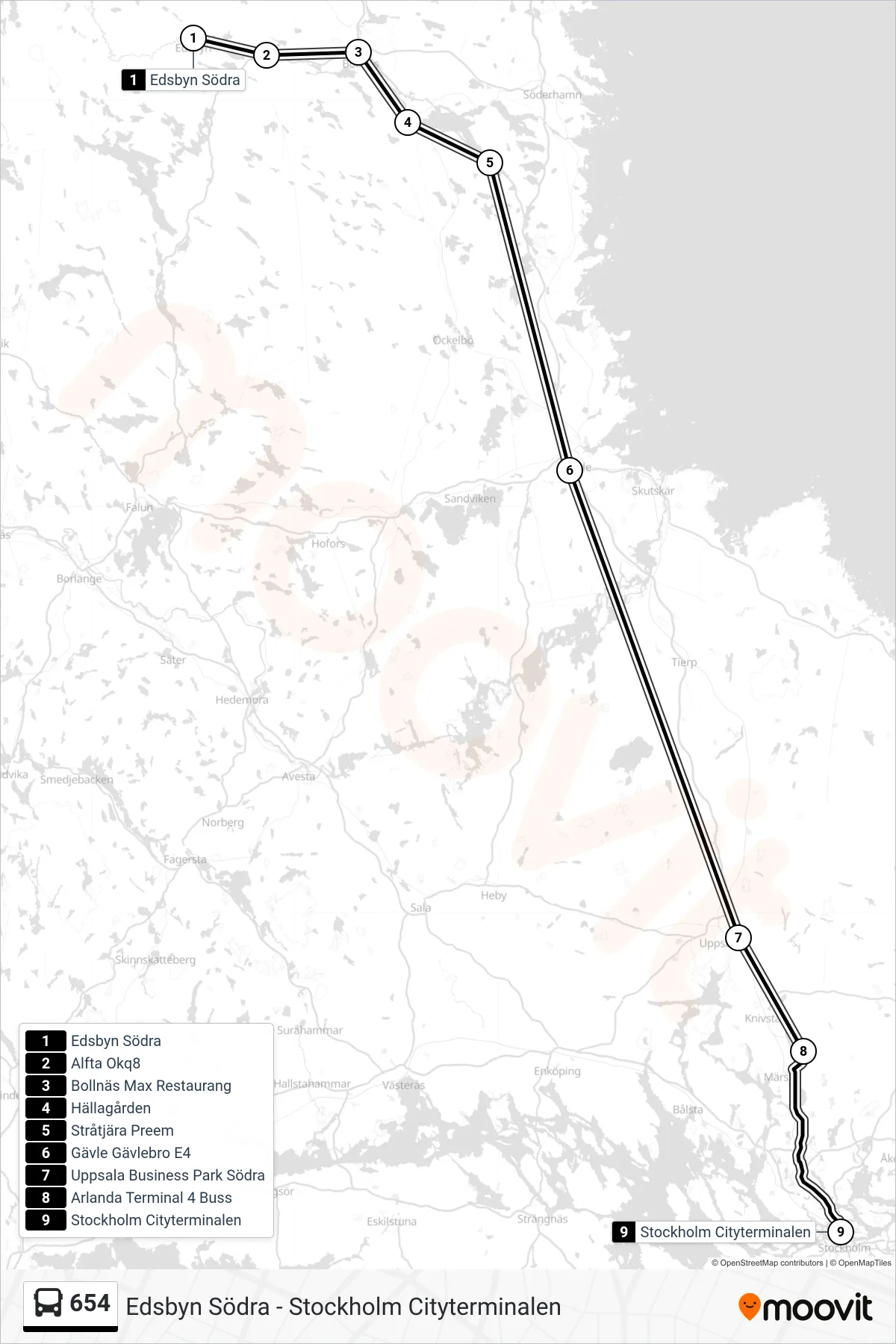 Rutt och hållplatser på karta för linje 654 spårvagn, (Stockholm Cityterminalen)