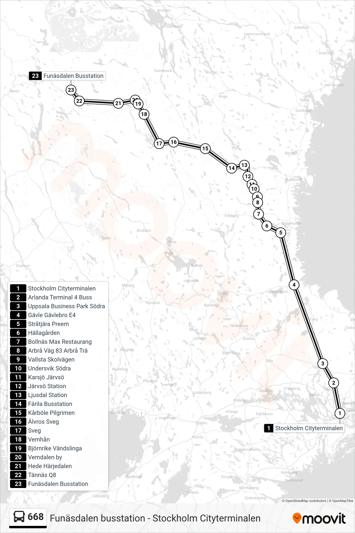 Rutt och hållplatser på karta för linje 668 spårvagn, (Funäsdalen Busstation)