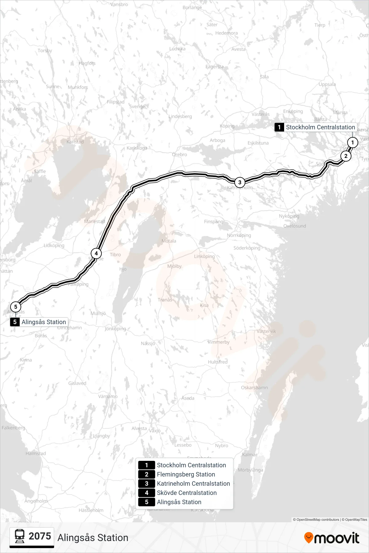 Rutt och hållplatser på karta för linje 2075 tåg, (Alingsås Station)