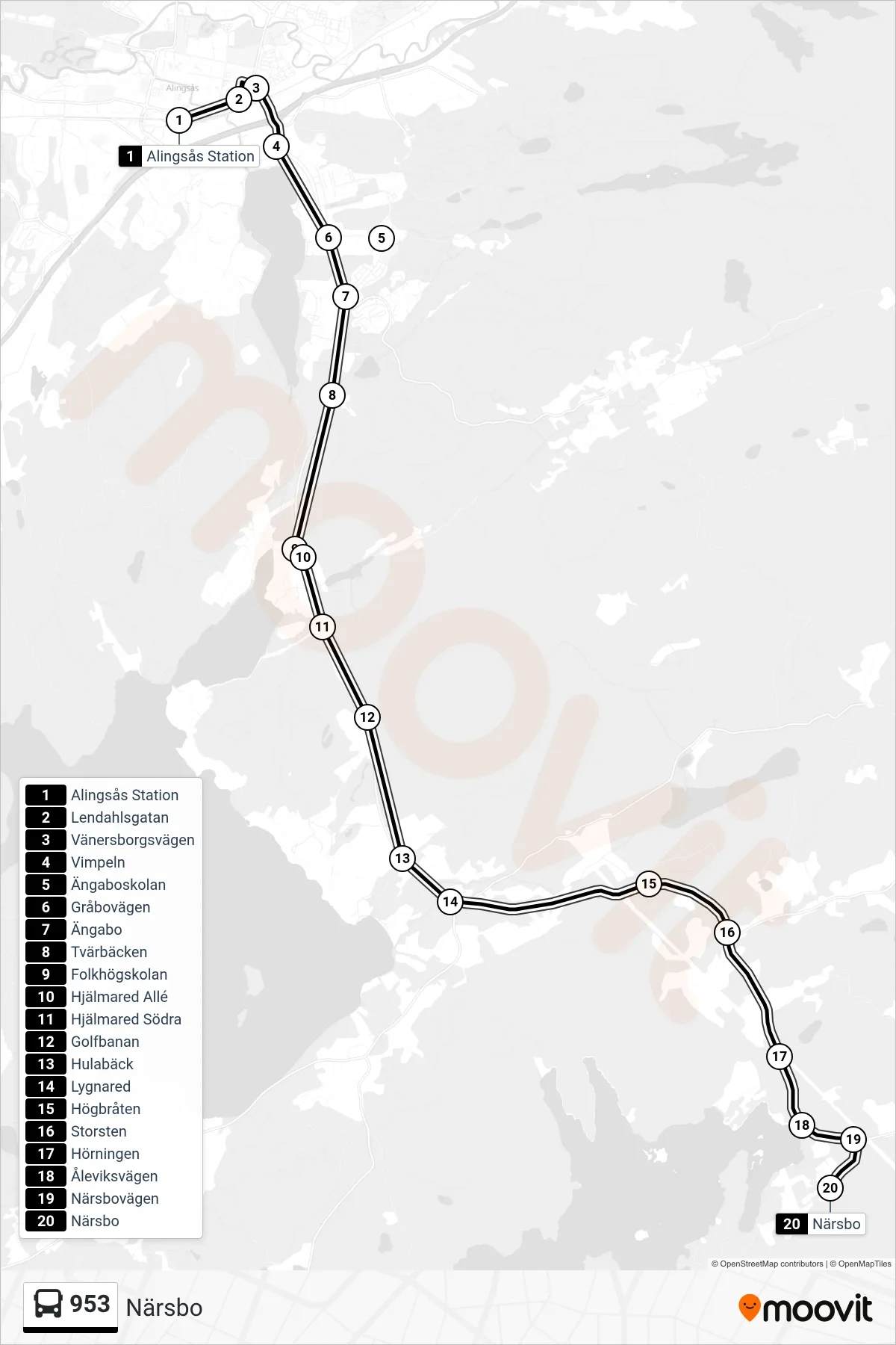 Rutt och hållplatser på karta för linje 953 spårvagn, (Närsbo)
