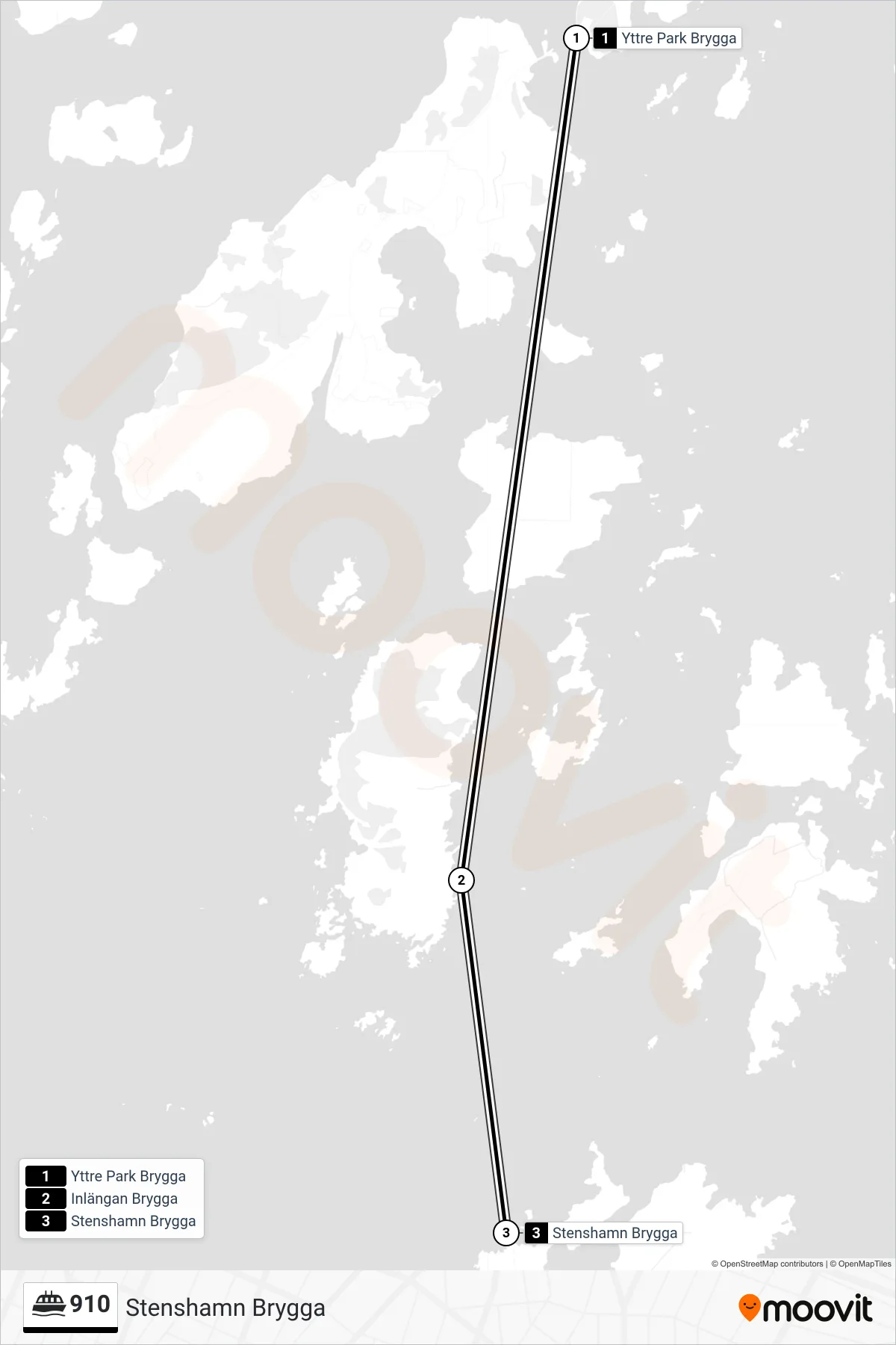 Rutt och hållplatser på karta för linje 910  färja, (Stenshamn Brygga)