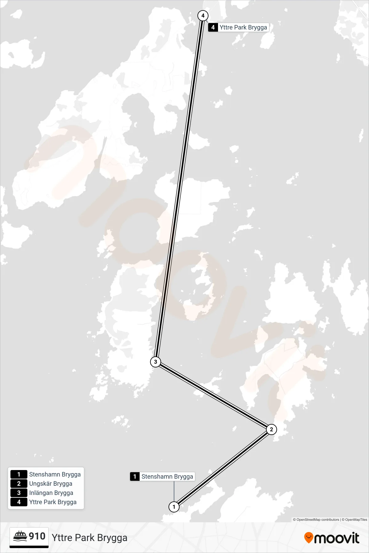 Rutt och hållplatser på karta för linje 910  färja, (Yttre Park Brygga)