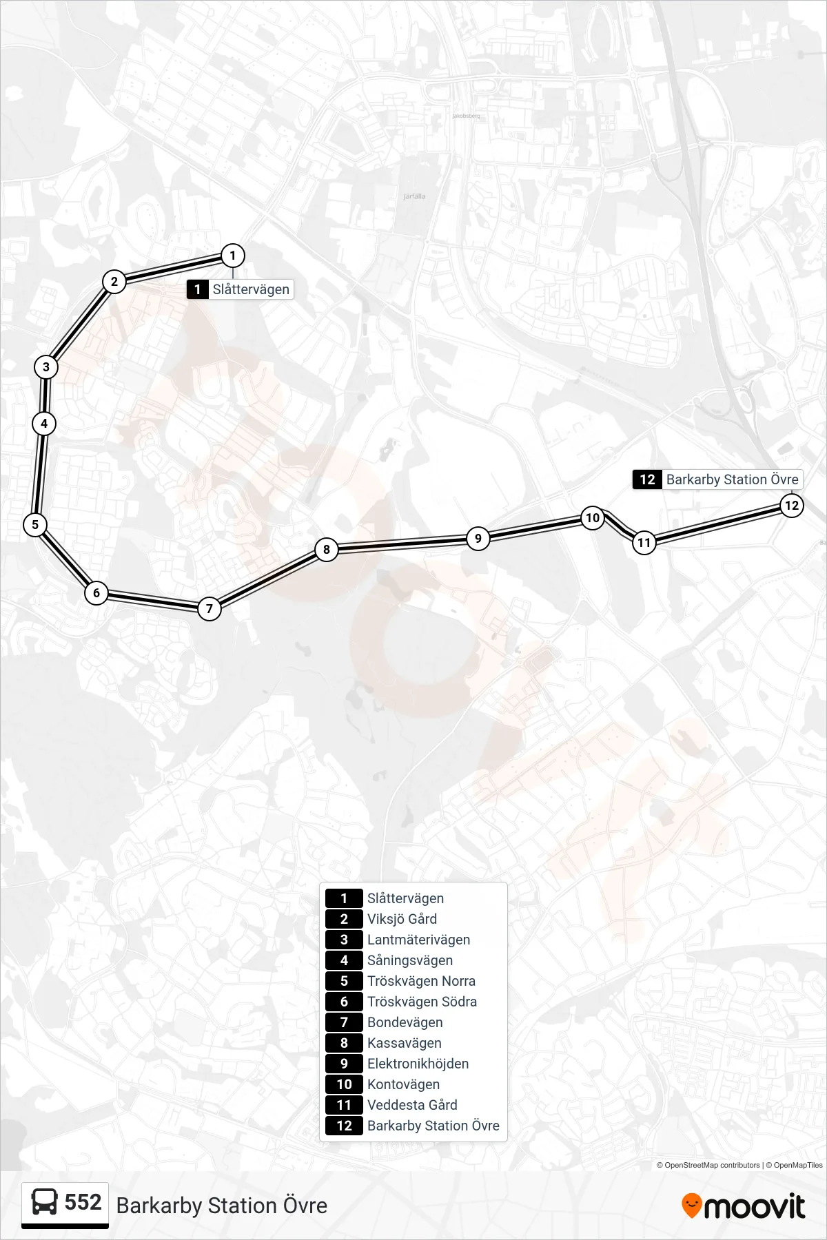 Rutt och hållplatser på karta för linje 552  buss, (Barkarby Station Övre)