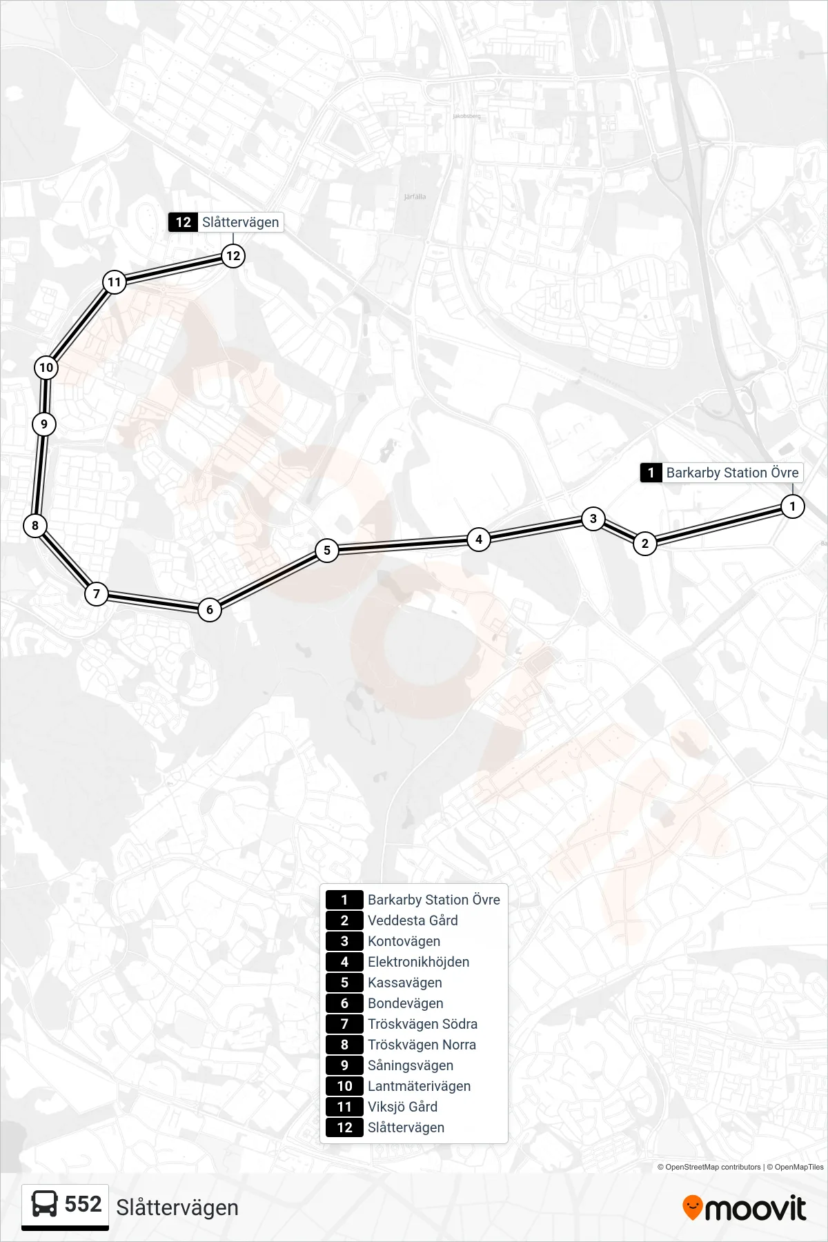 Rutt och hållplatser på karta för linje 552 buss, (Slåttervägen)
