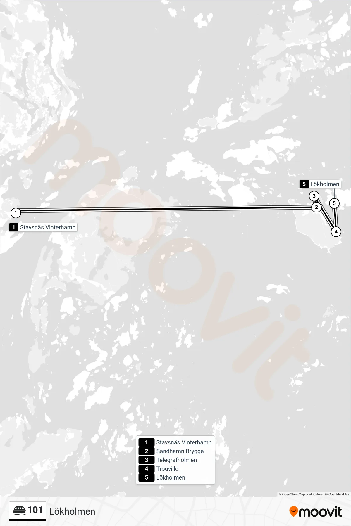 Rutt och hållplatser på karta för linje 101 spårvagn, (Lökholmen)