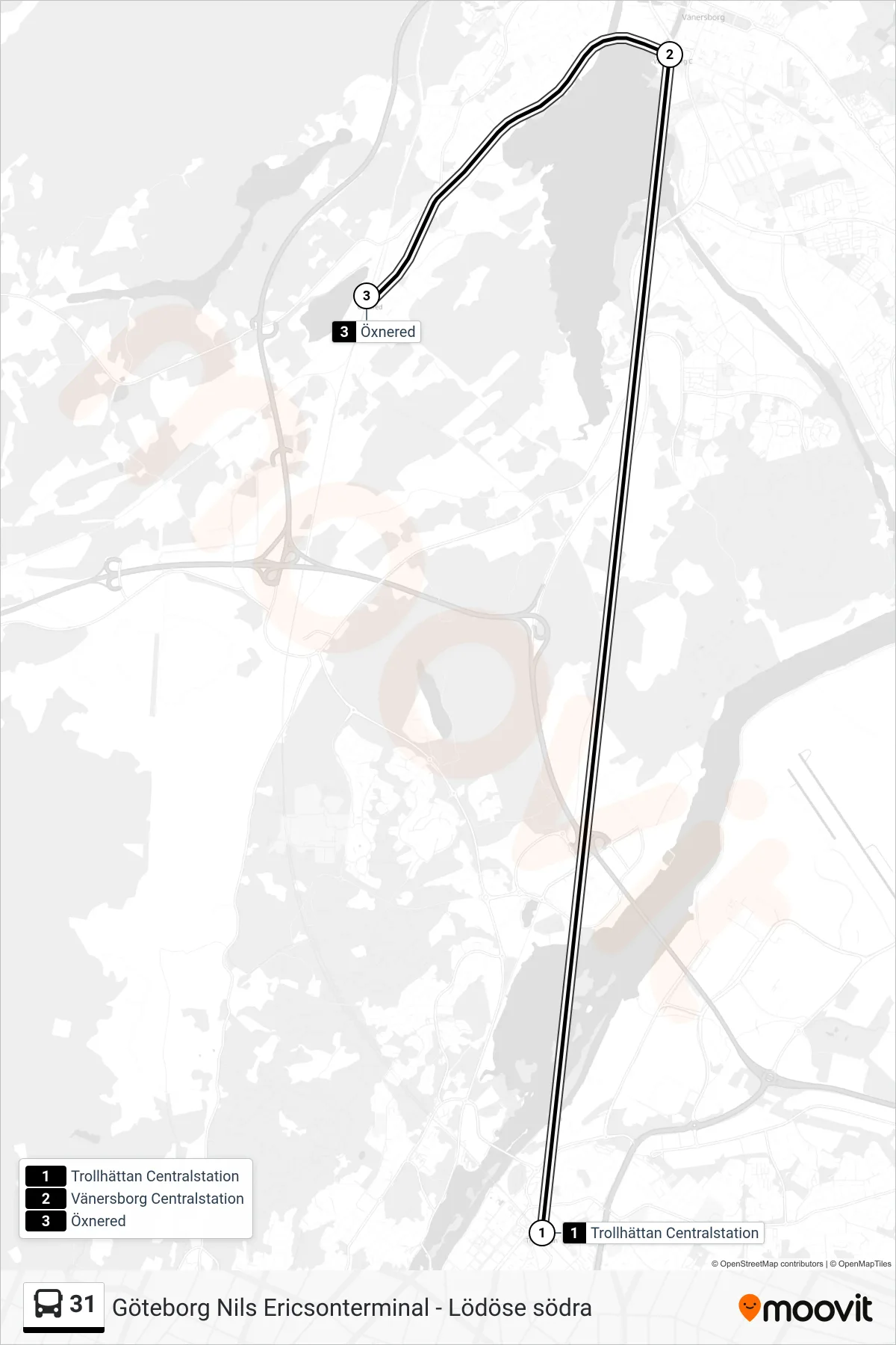Rutt och hållplatser på karta för linje 31  buss, (Öxnered Station)