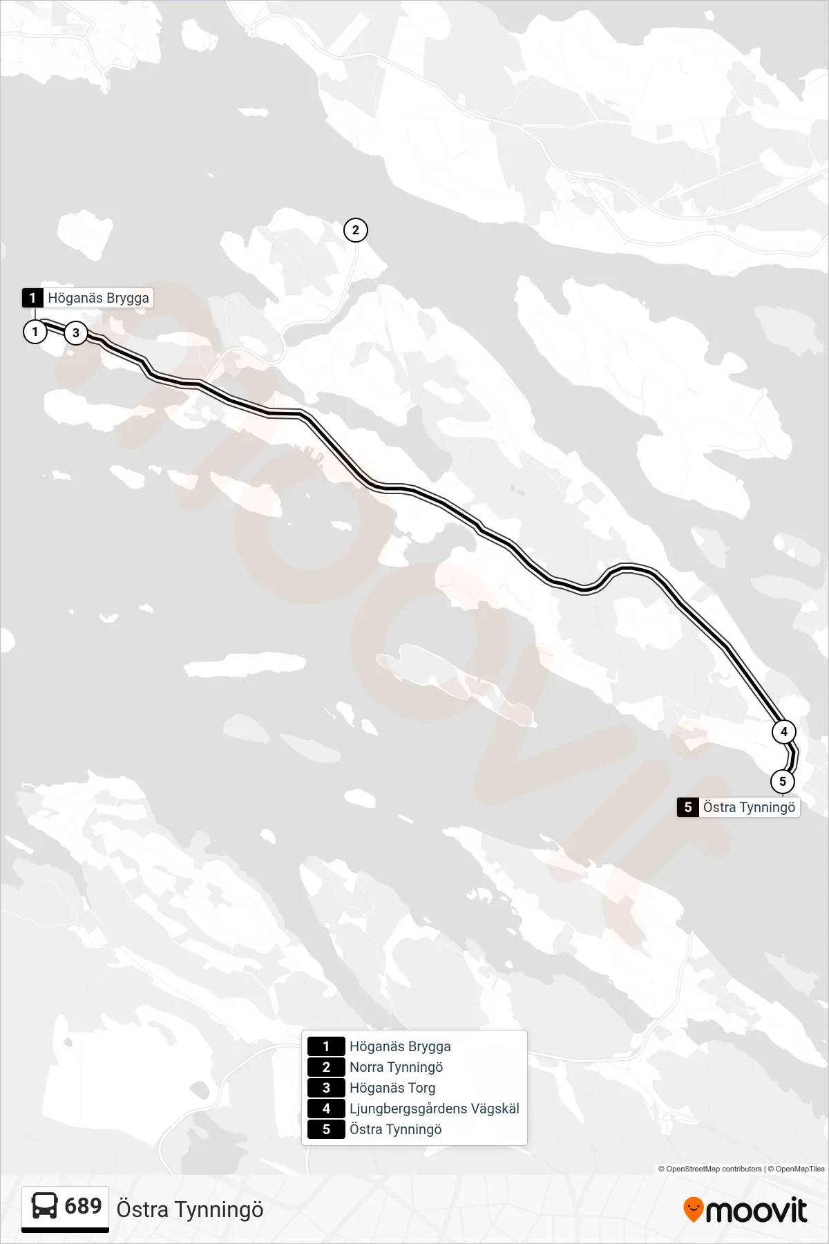 Rutt och hållplatser på karta för linje 689 buss, (Östra Tynningö)