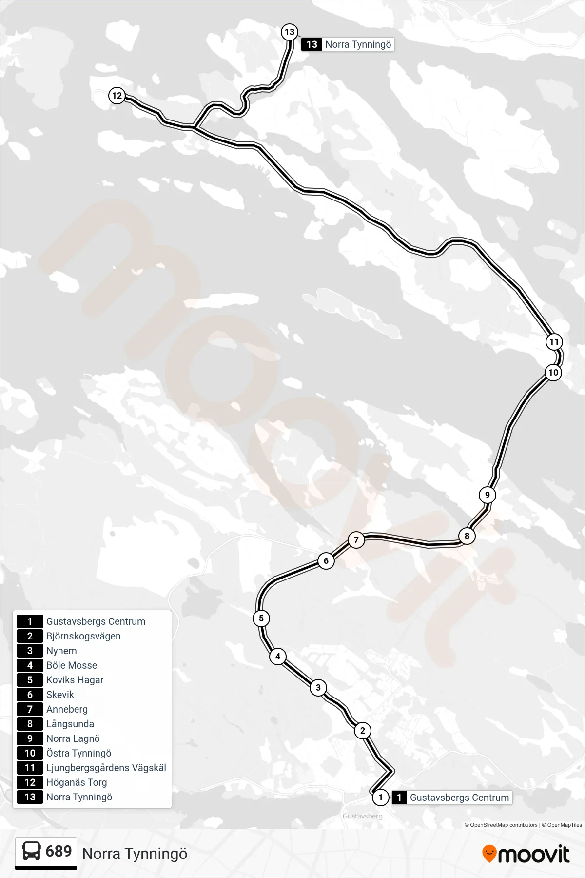 Rutt och hållplatser på karta för linje 689  buss, (Norra Tynningö)