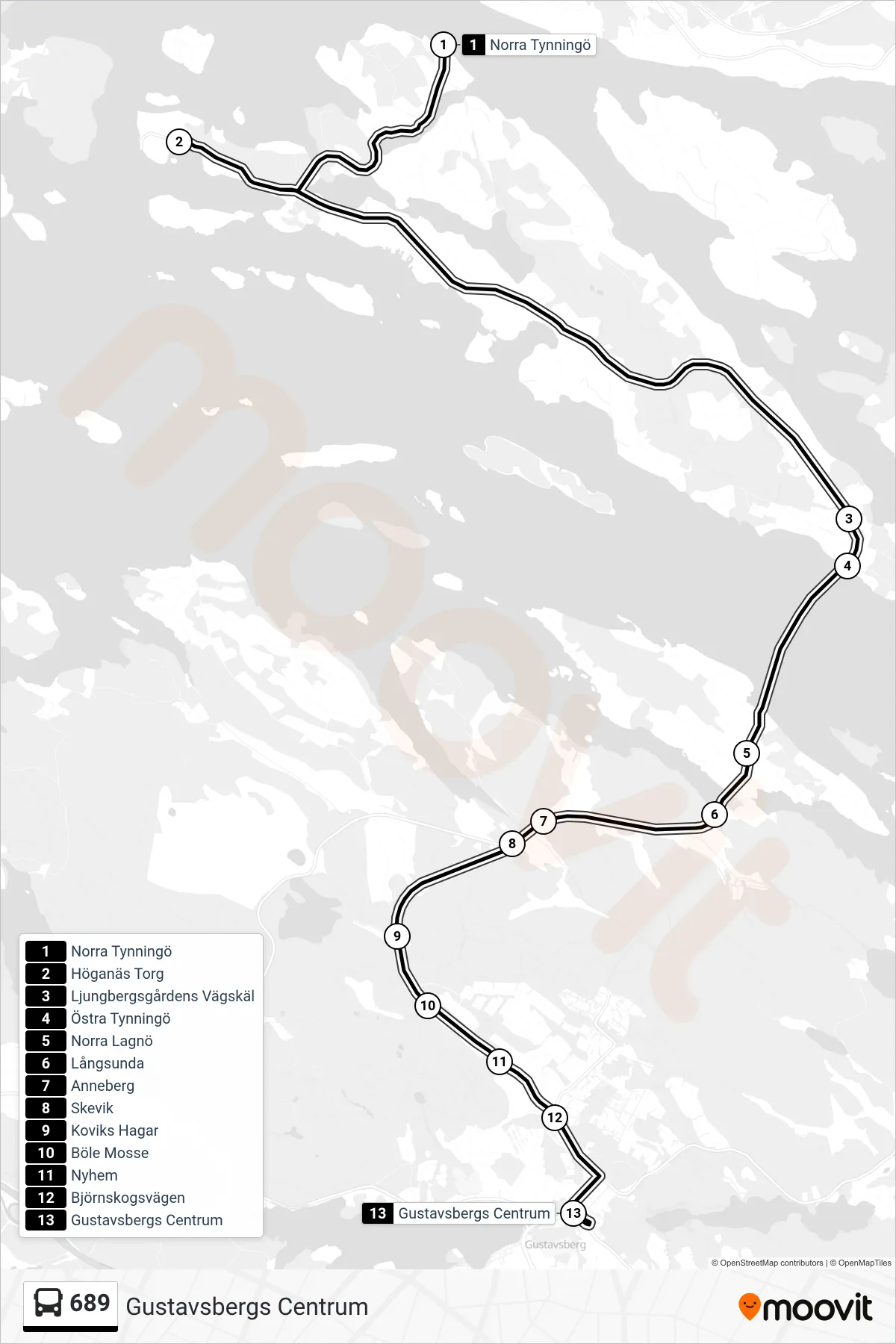 Rutt och hållplatser på karta för linje 689 buss, (Gustavsbergs Centrum)