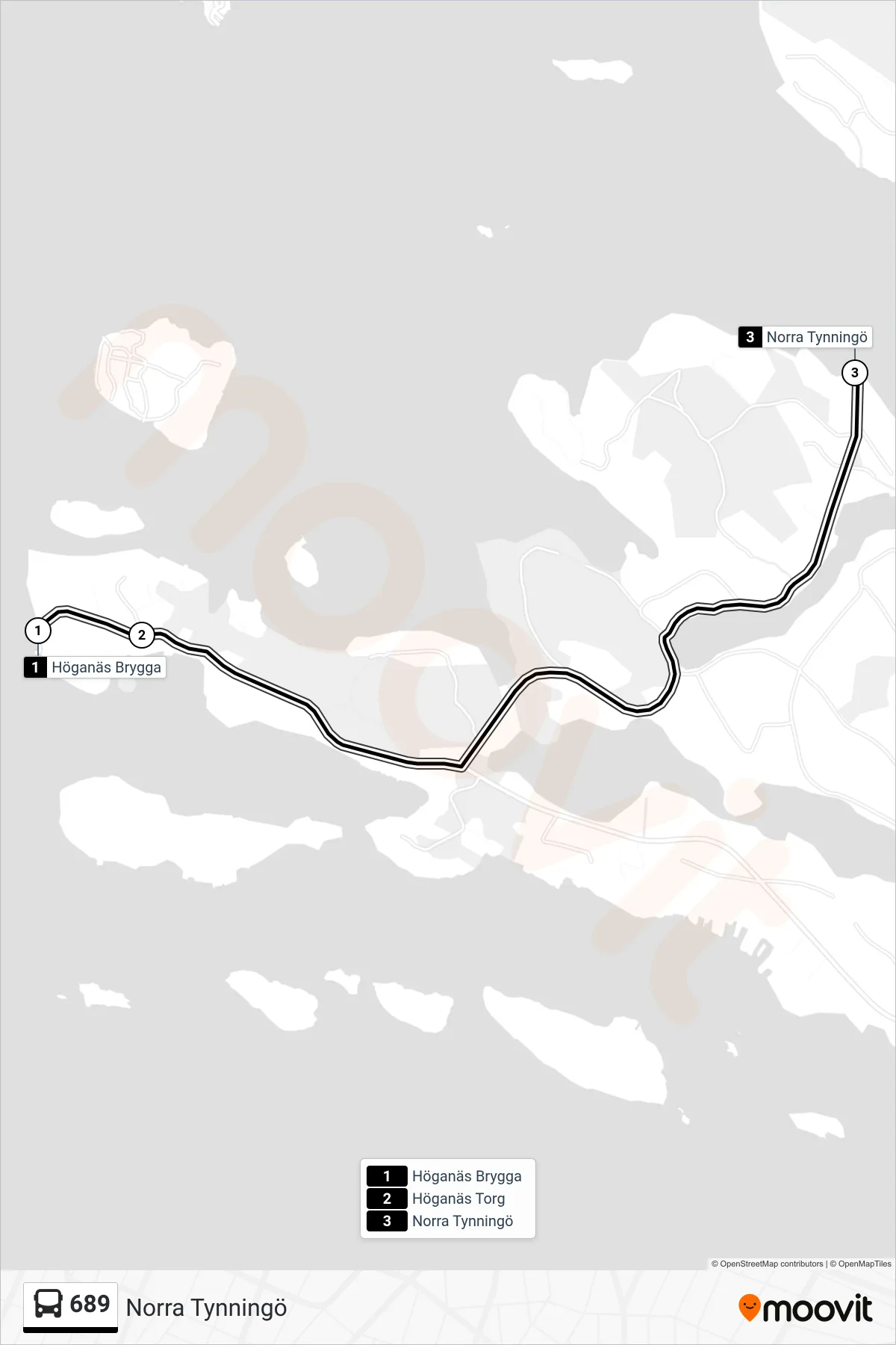 Rutt och hållplatser på karta för linje 689  buss, (Norra Tynningö)