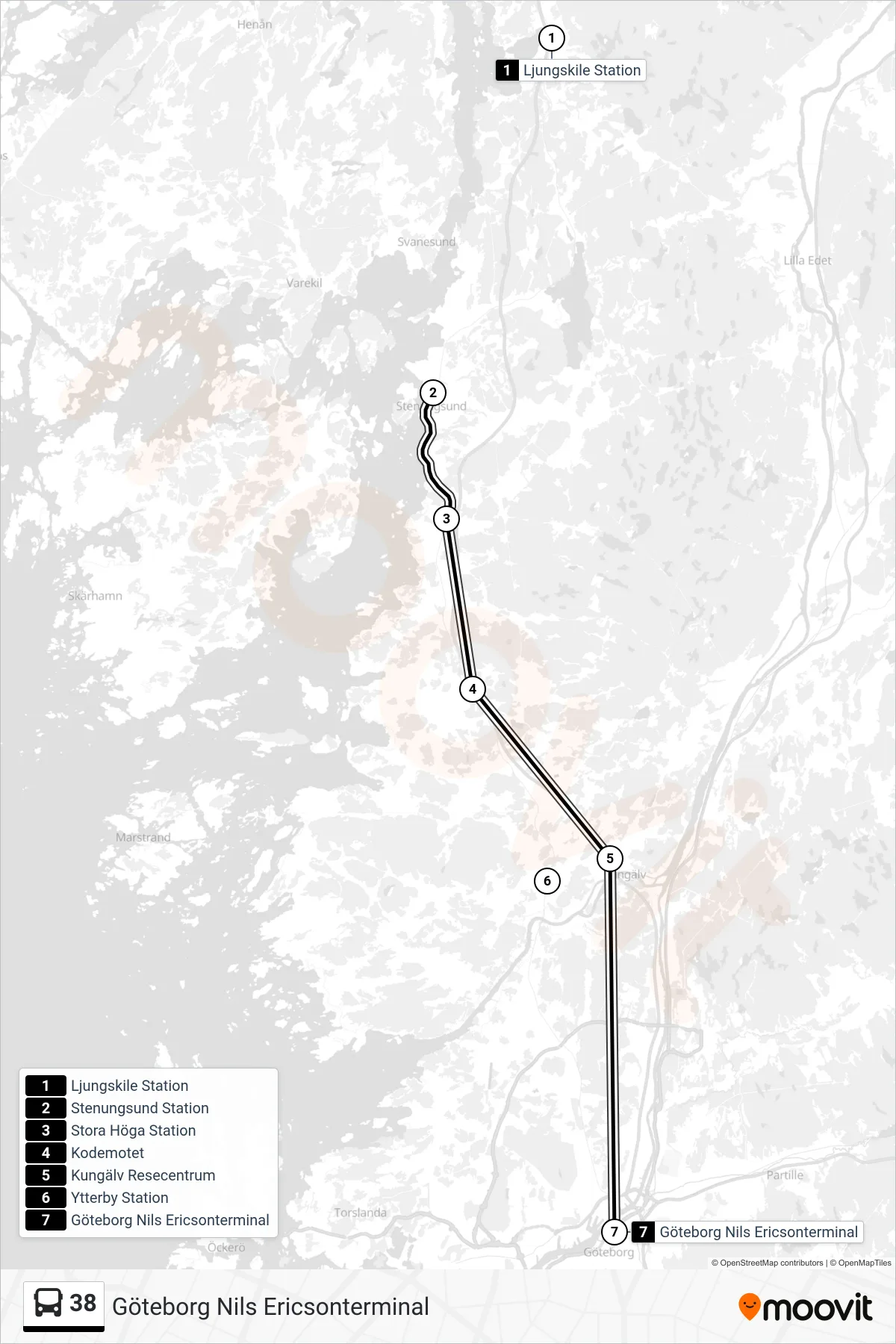 Rutt och hållplatser på karta för linje 38  spårvagn, (Göteborg Nils Ericsonterminal)
