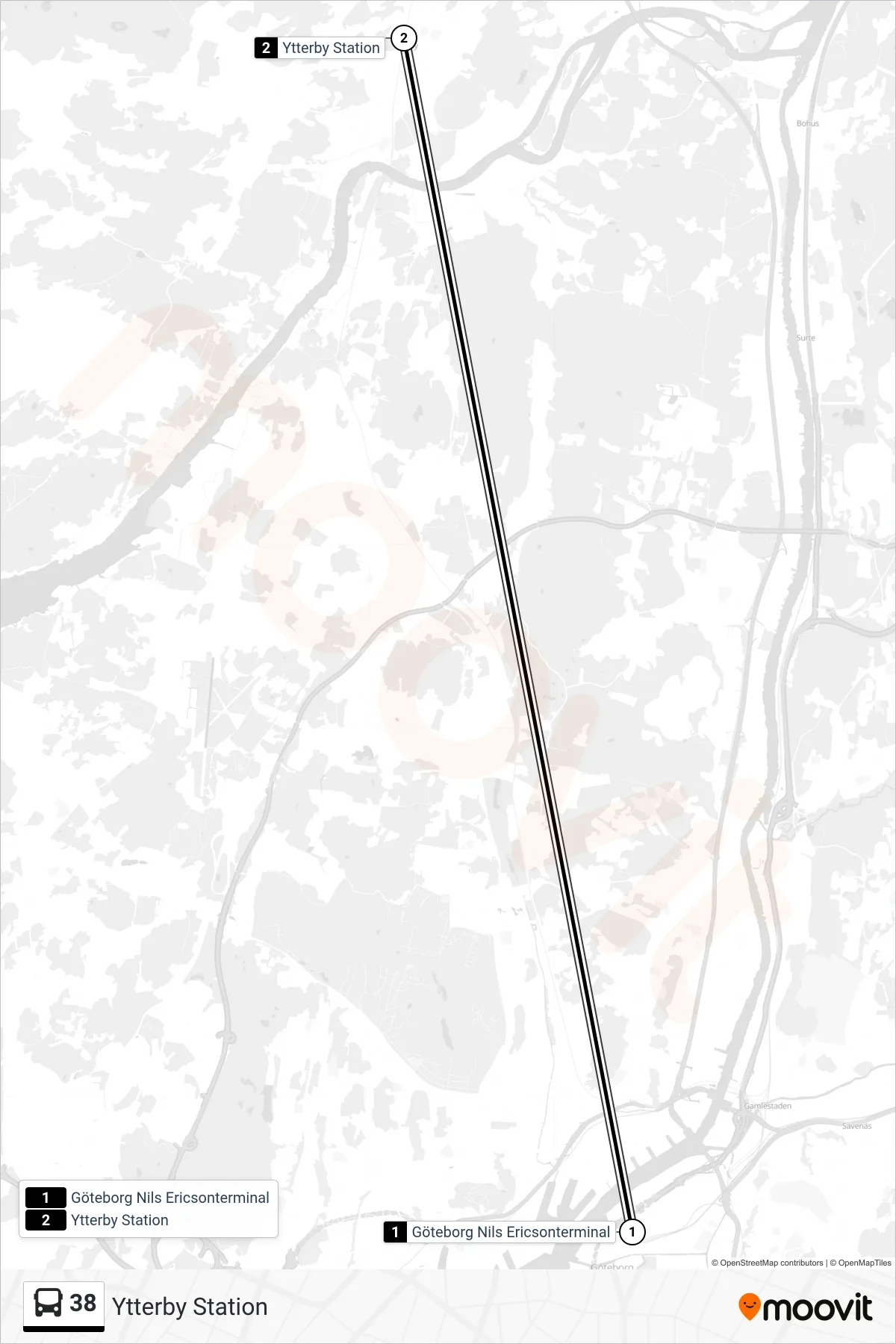 Rutt och hållplatser på karta för linje 38 spårvagn, (Ytterby Station)