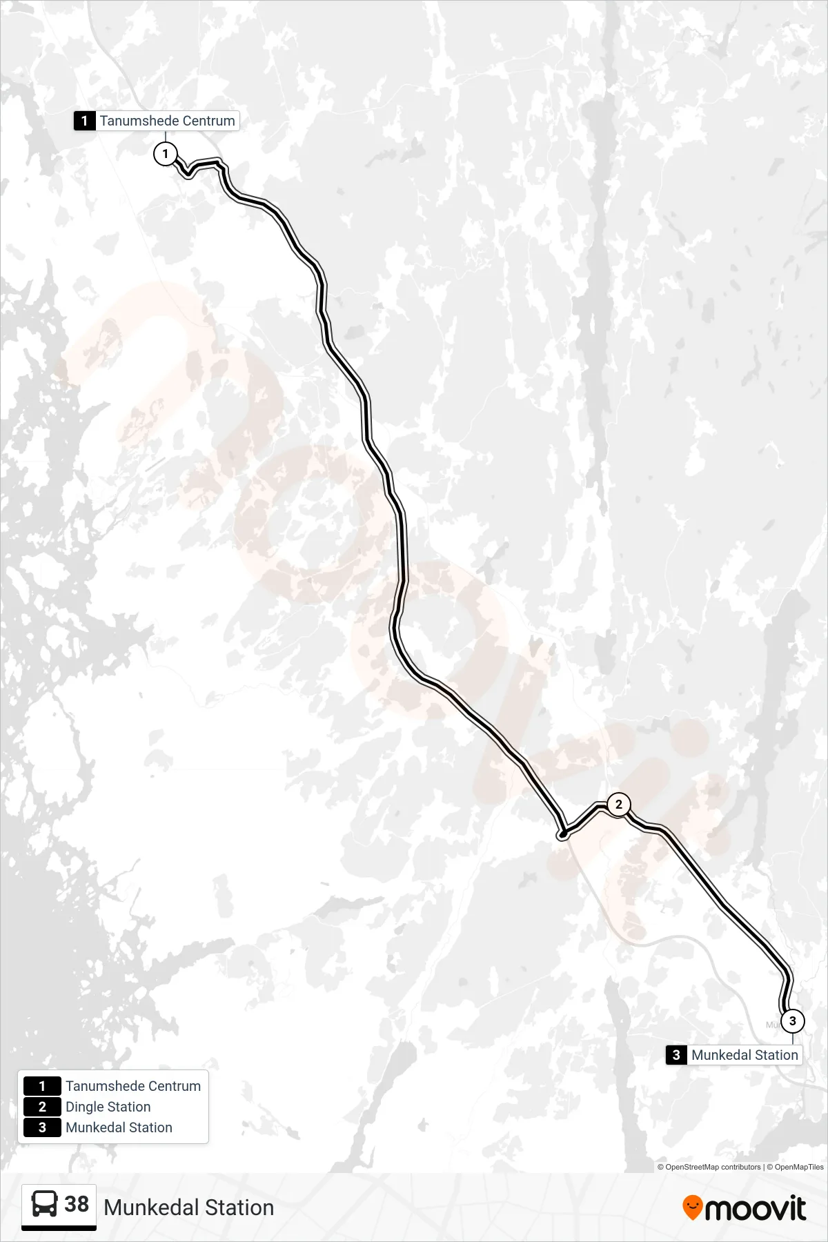 Rutt och hållplatser på karta för linje 38 spårvagn, (Munkedal Station)