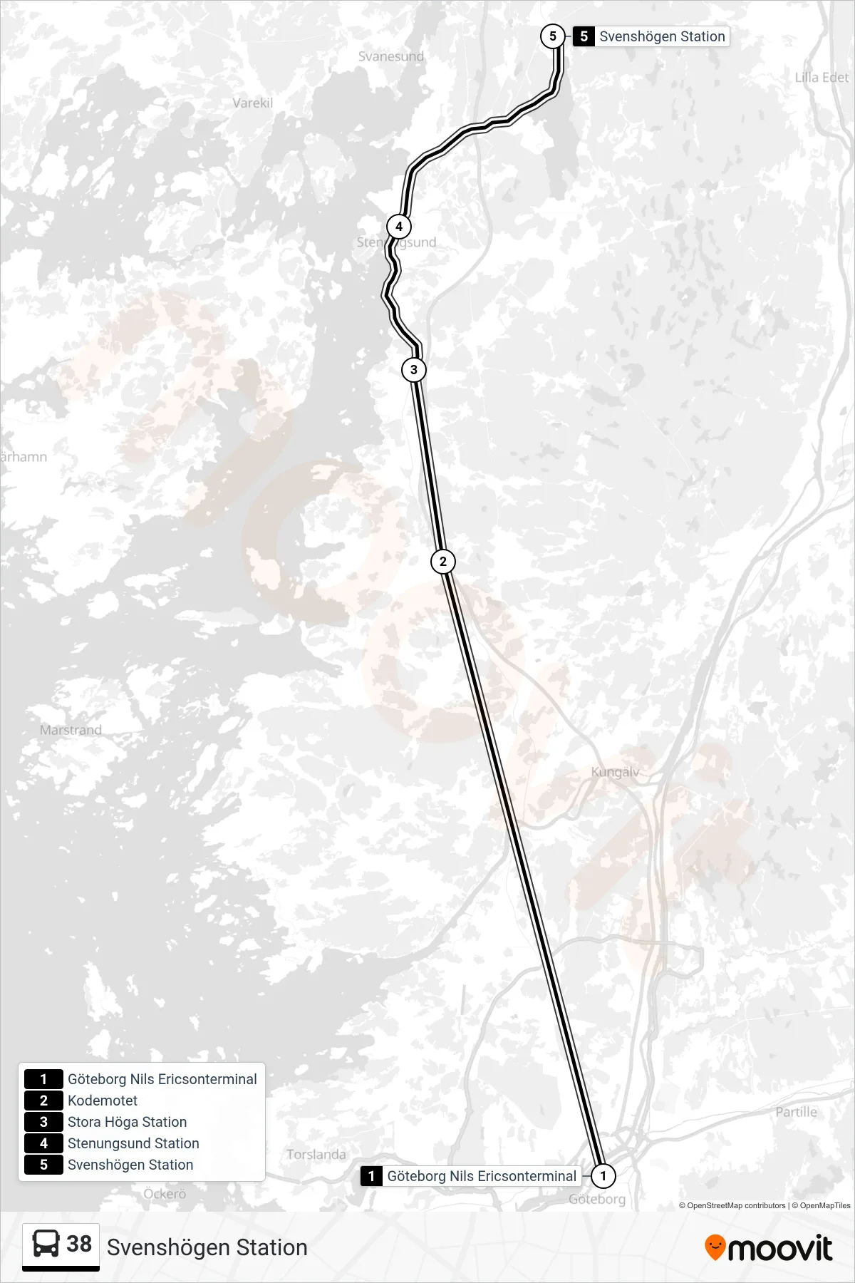 Rutt och hållplatser på karta för linje 38  spårvagn, (Svenshögen Station)