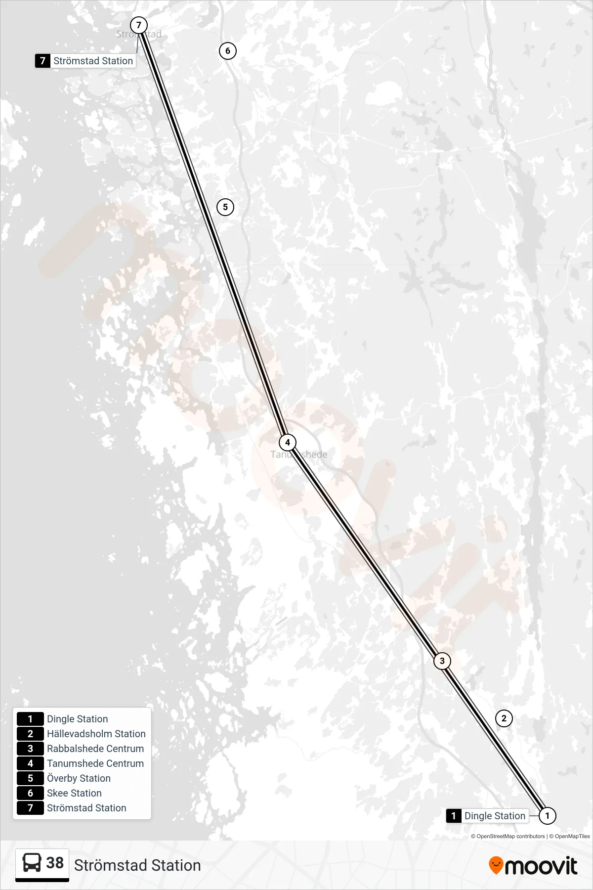 Rutt och hållplatser på karta för linje 38 spårvagn, (Strömstad Station)