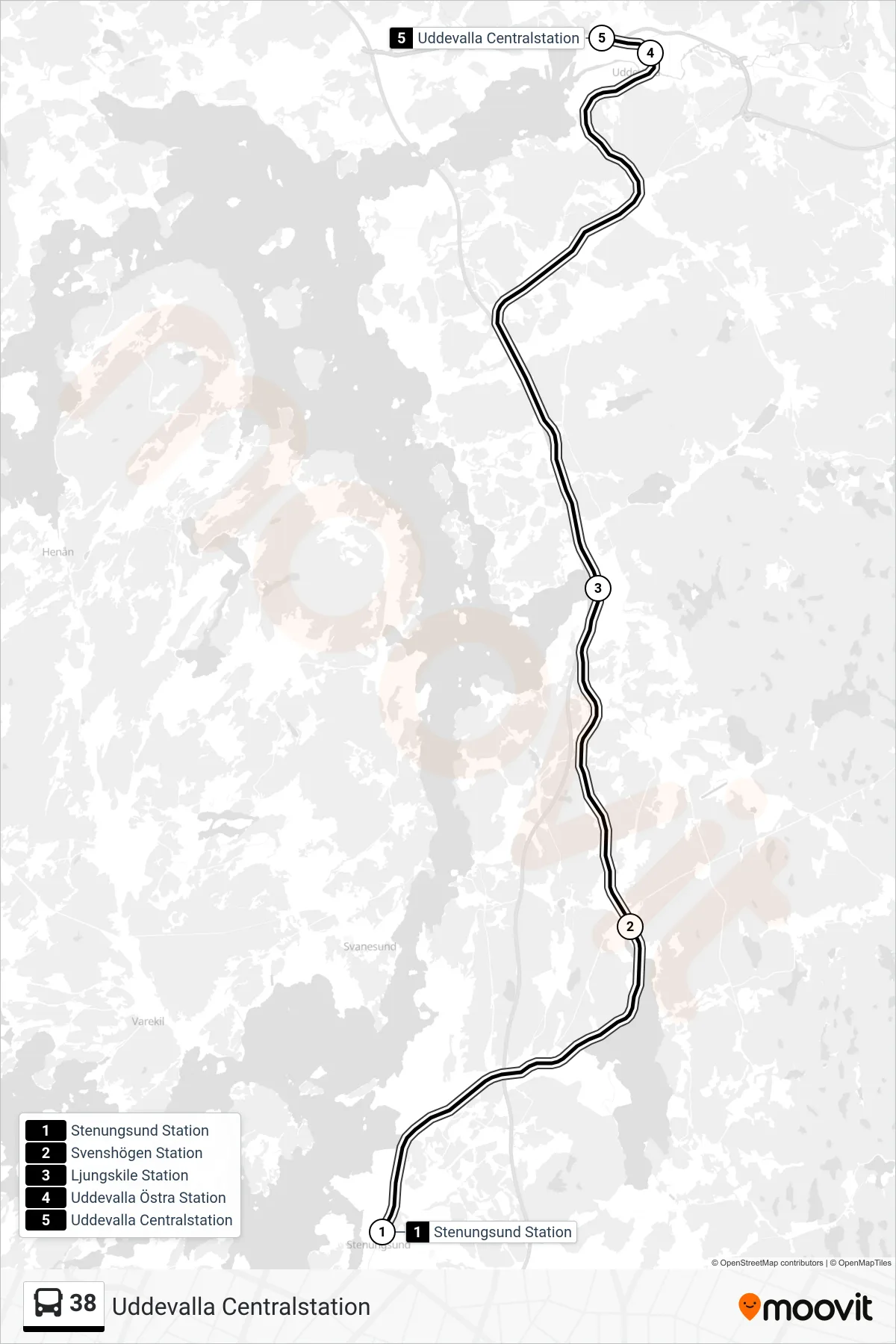 Rutt och hållplatser på karta för linje 38  spårvagn, (Uddevalla Centralstation)