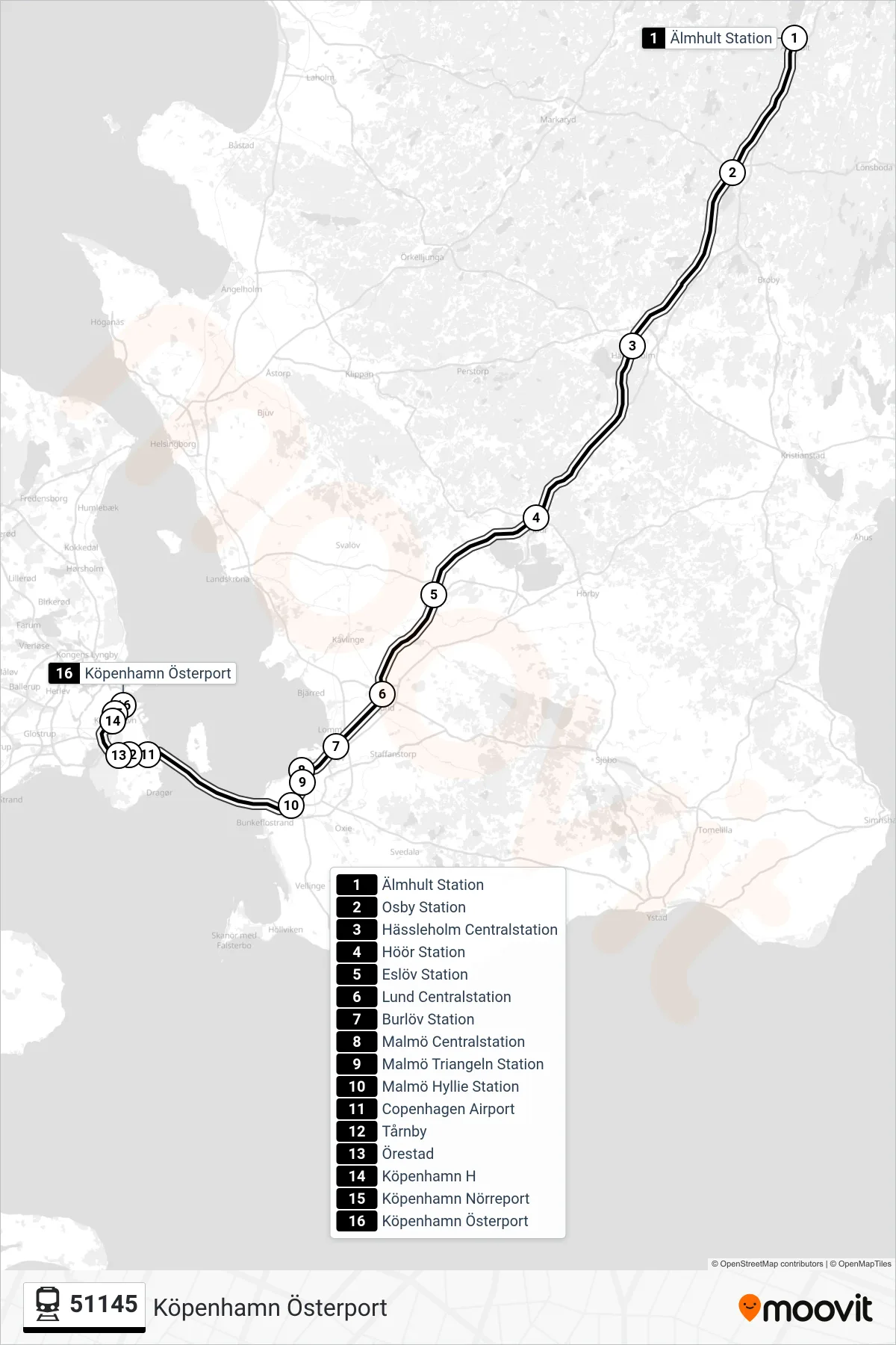Rutt och hållplatser på karta för linje 51145 tåg, (Köpenhamn Österport)