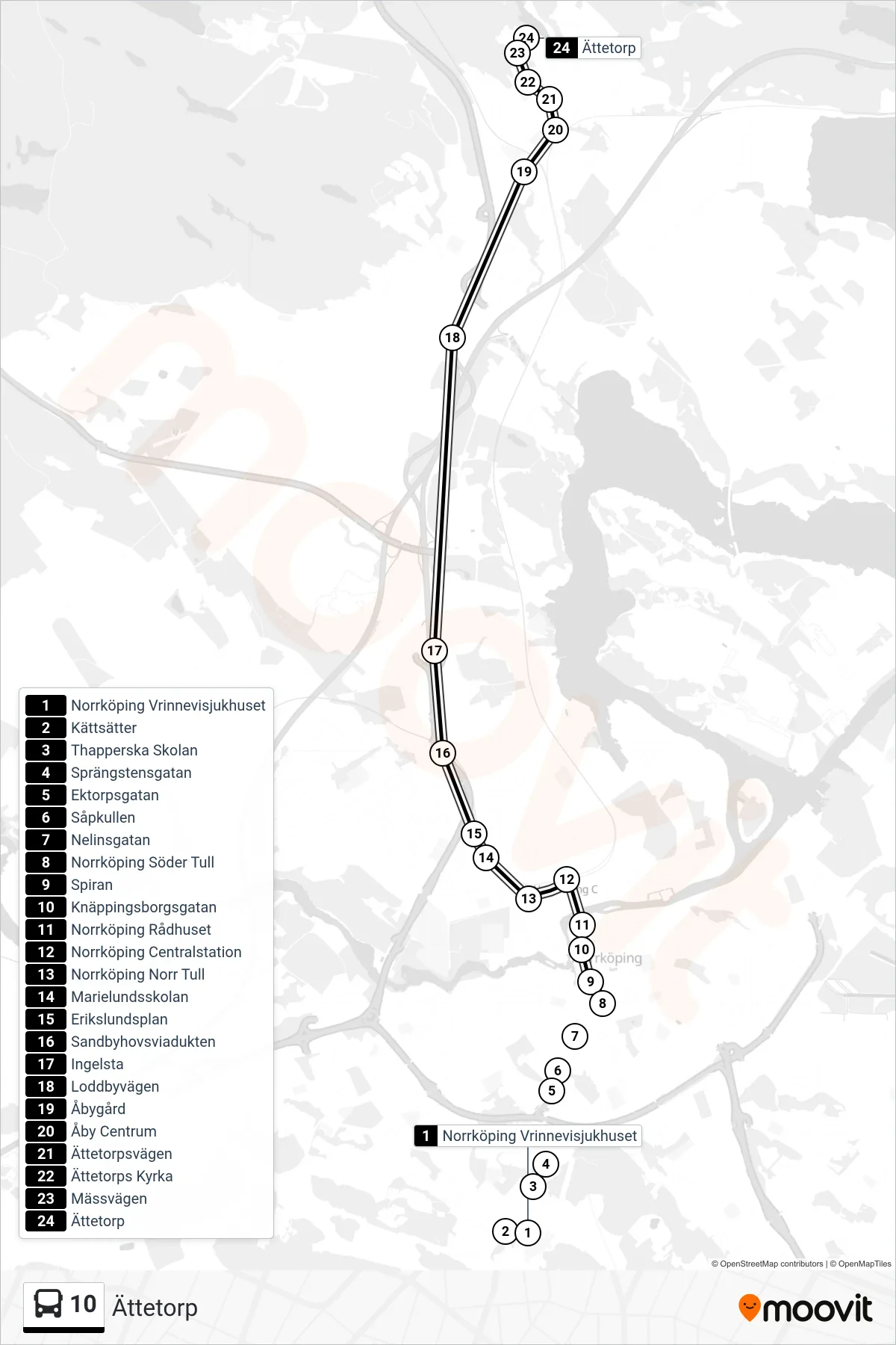Rutt och hållplatser på karta för linje 10 spårvagn, (Ättetorp)