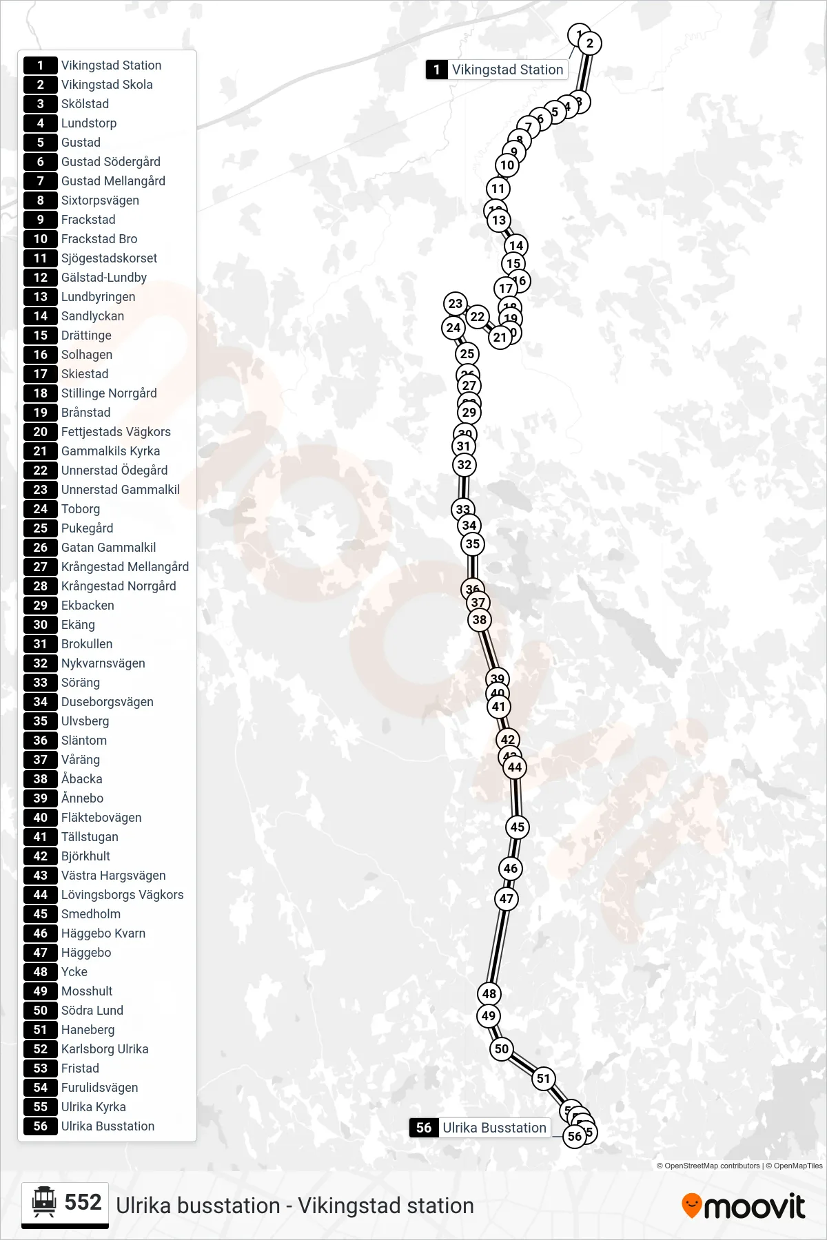 Rutt och hållplatser på karta för linje 552 spårvagn, (Ulrika Busstation)