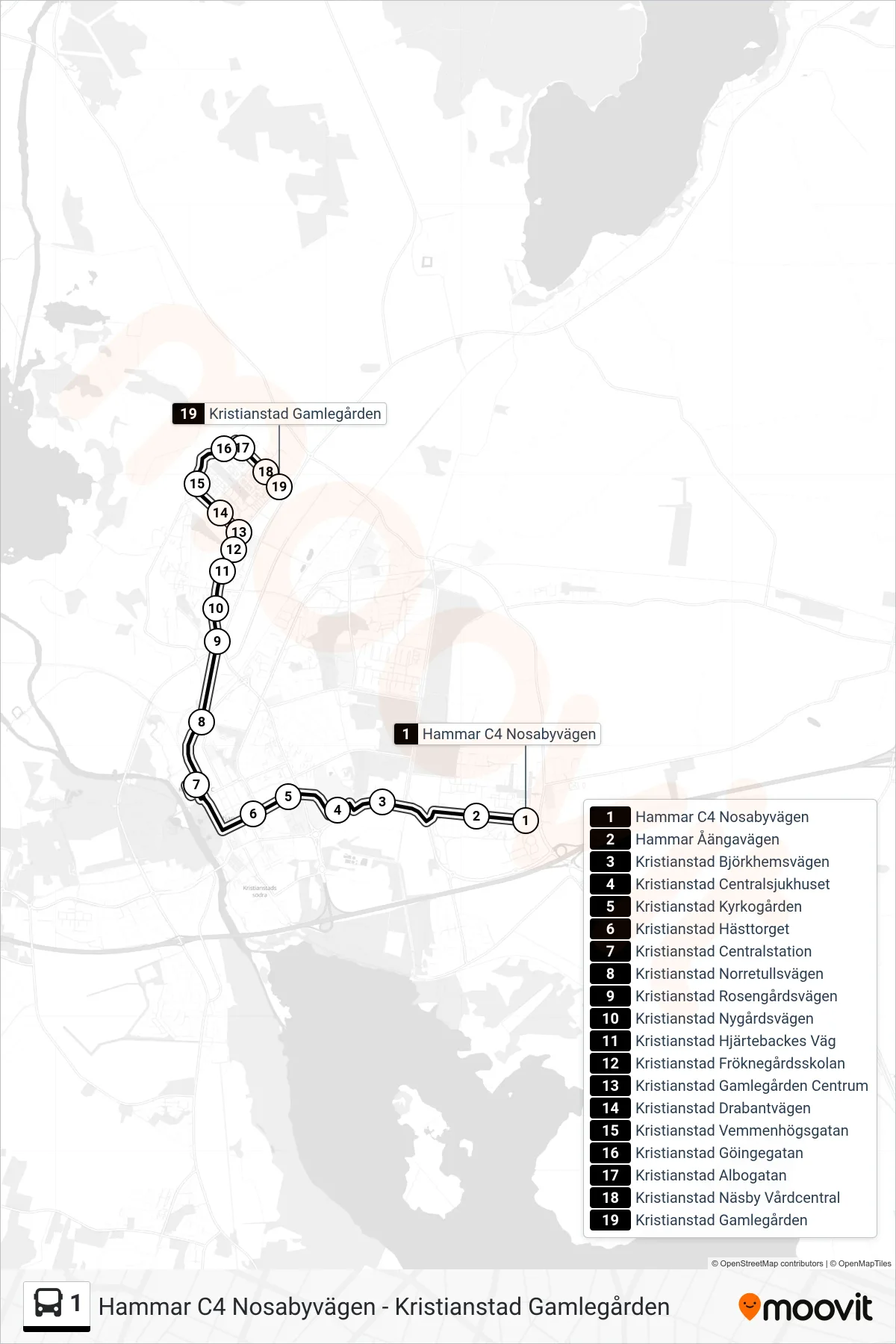 Rutt och hållplatser på karta för linje 1 spårvagn, (Kristianstad Gamlegården)