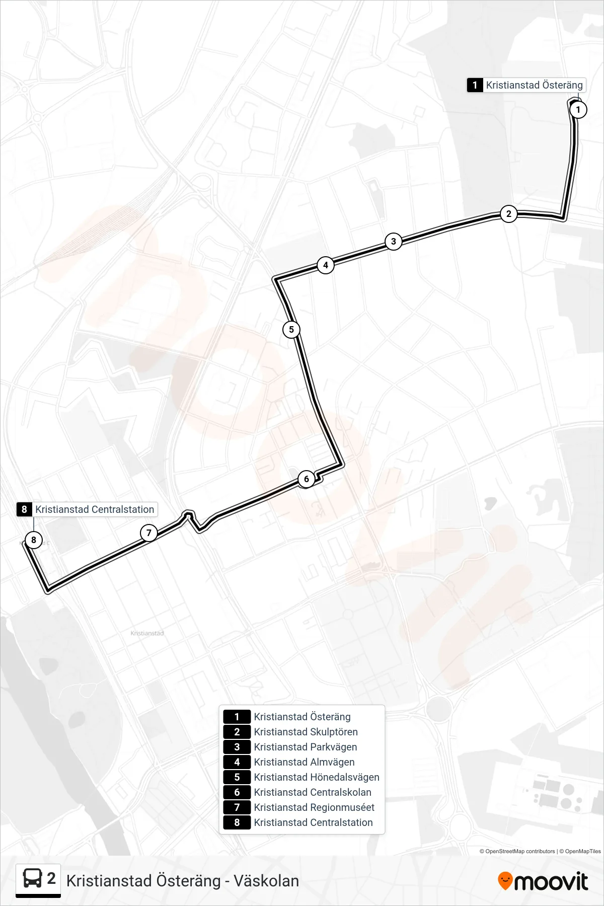 Rutt och hållplatser på karta för linje 2 spårvagn, (Kristianstad Centralstation)