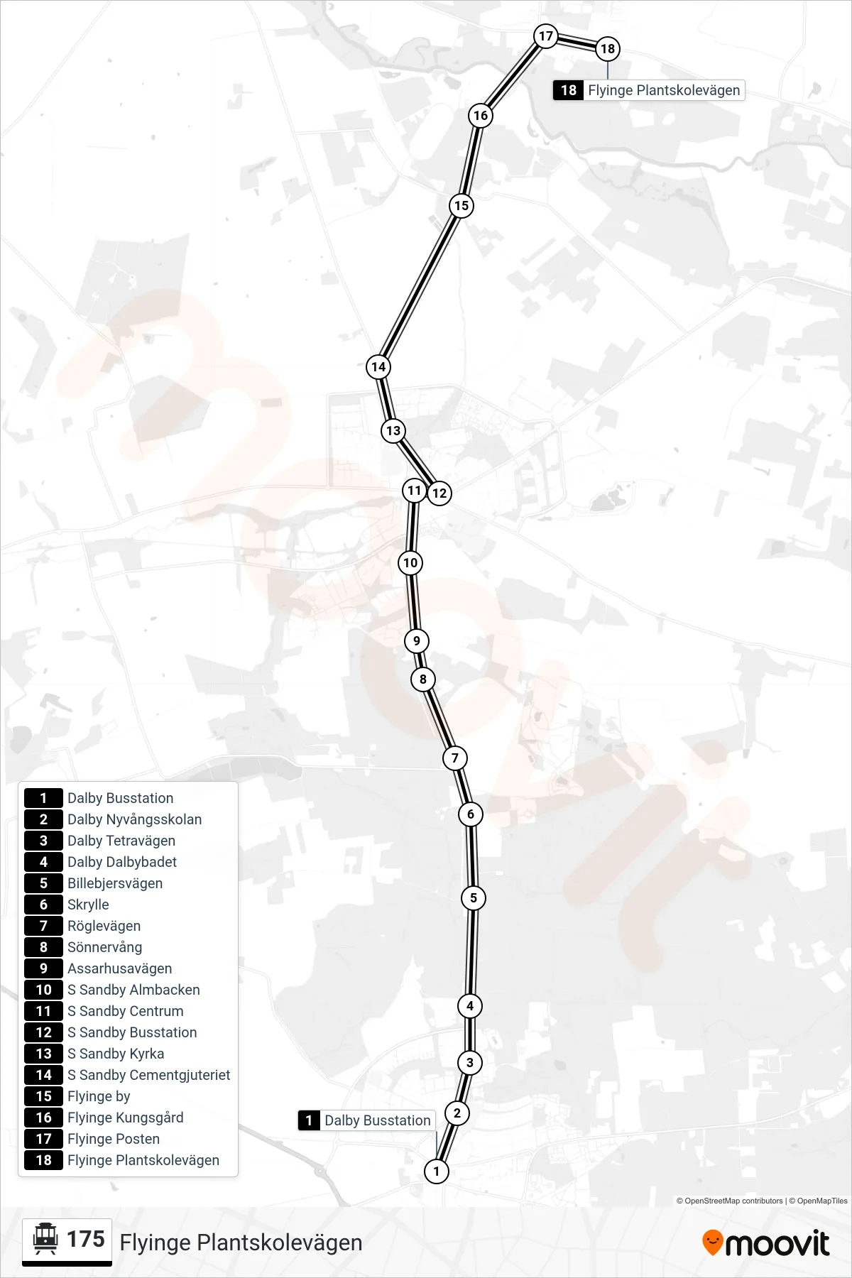 Rutt och hållplatser på karta för linje 175 spårvagn, (Flyinge Plantskolevägen)