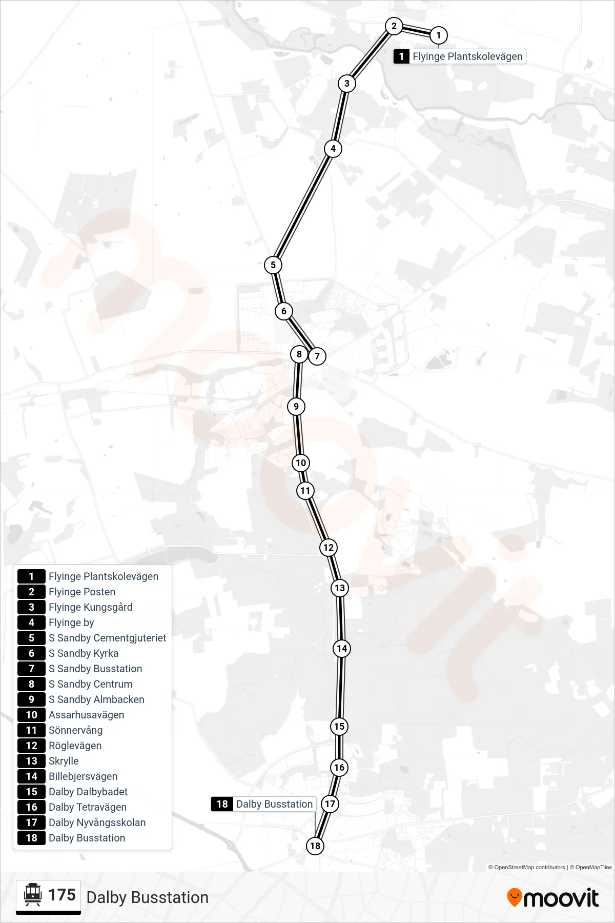 Rutt och hållplatser på karta för linje 175 spårvagn, (Dalby Busstation)