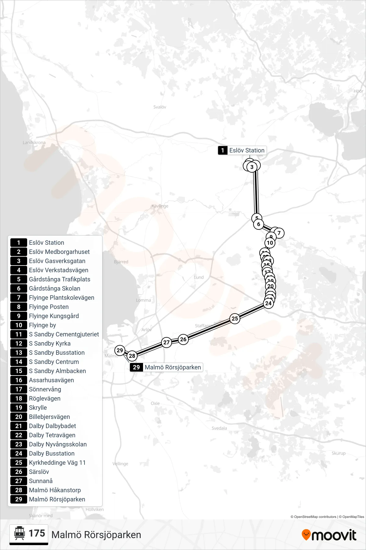 Rutt och hållplatser på karta för linje 175  spårvagn, (Malmö Rörsjöparken)