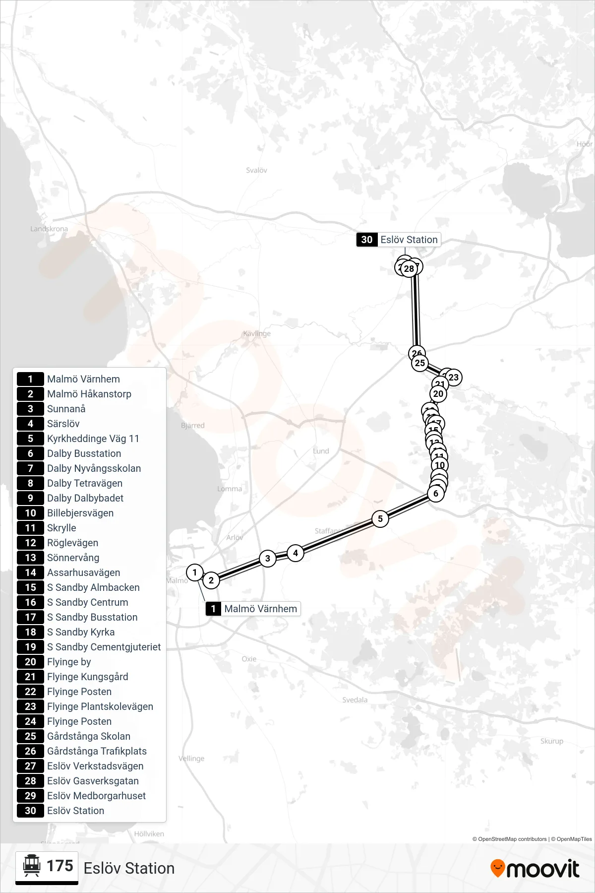 Rutt och hållplatser på karta för linje 175 spårvagn, (Eslöv Station)