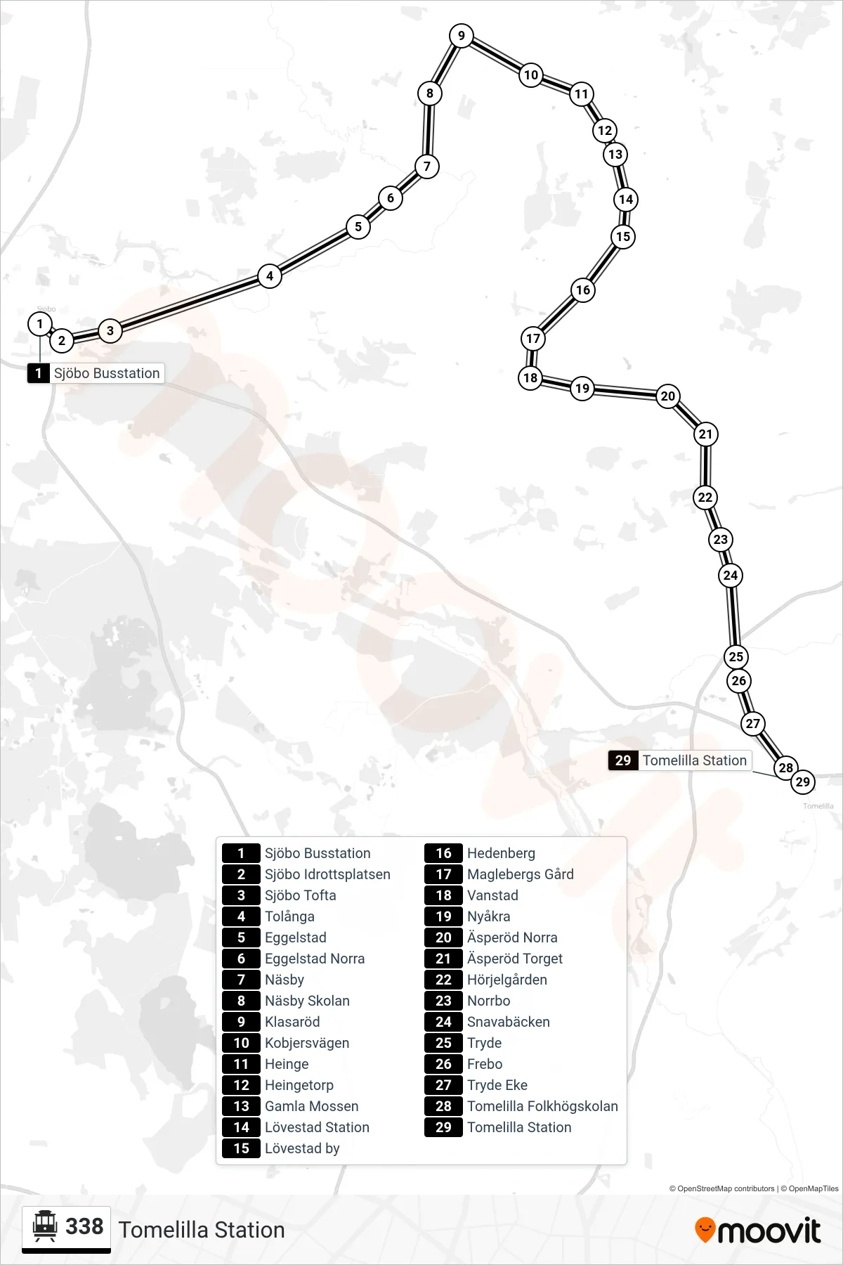 Rutt och hållplatser på karta för linje 338 spårvagn, (Tomelilla Station)