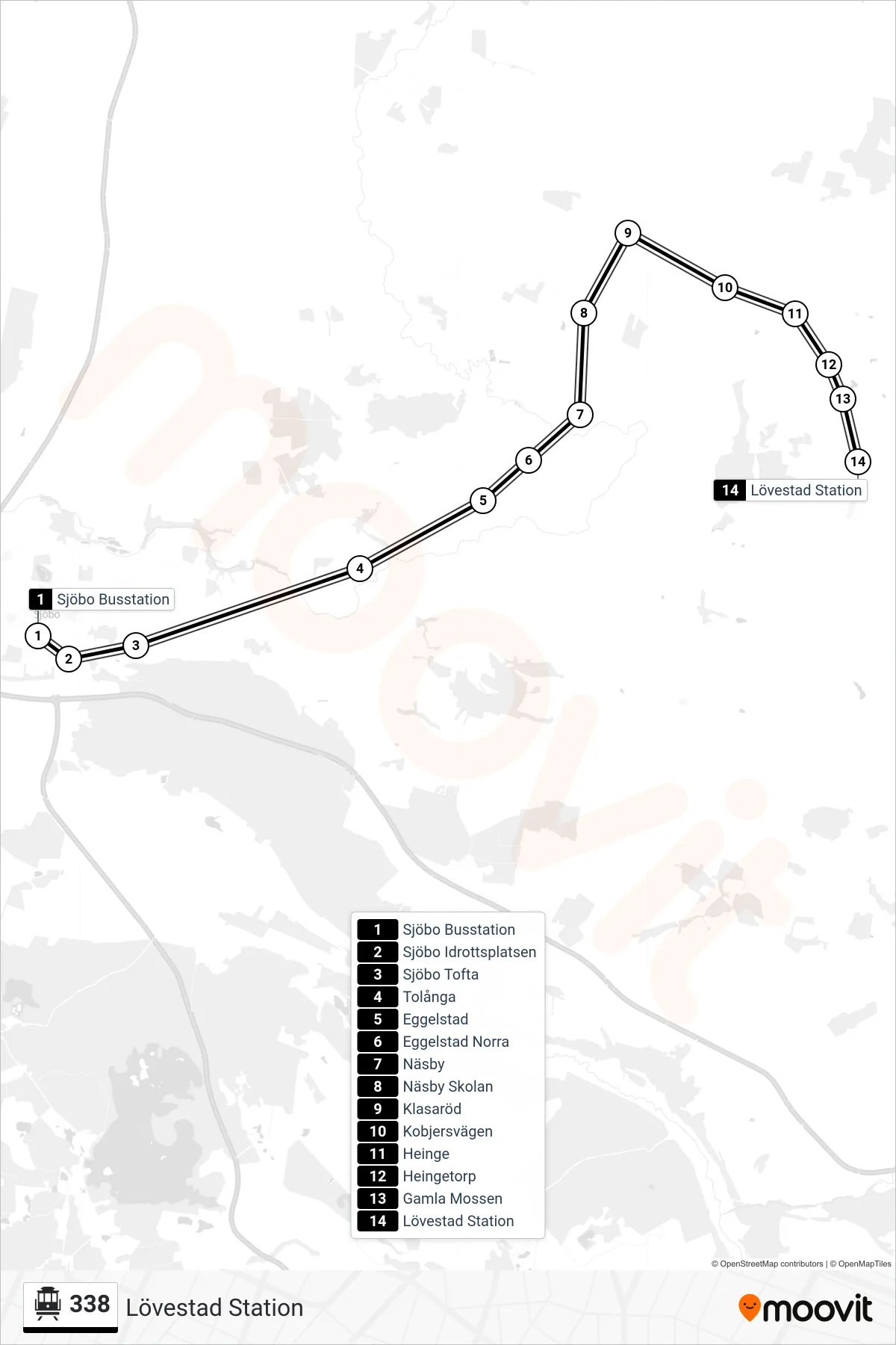 Rutt och hållplatser på karta för linje 338 spårvagn, (Lövestad Station)
