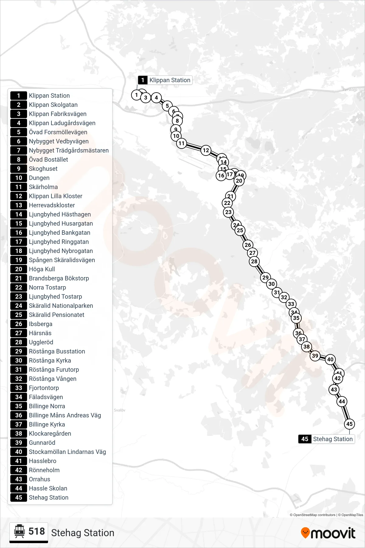 Rutt och hållplatser på karta för linje 518 spårvagn, (Stehag Station)