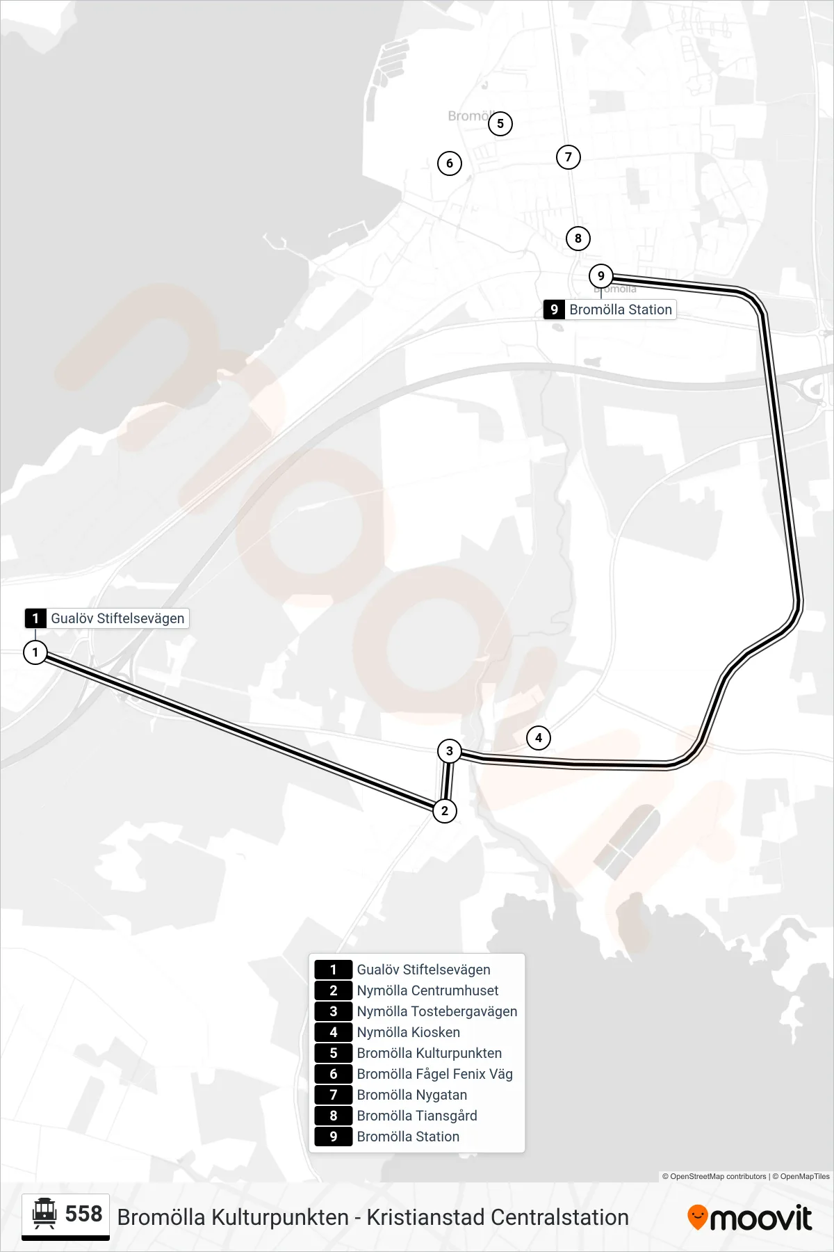 Rutt och hållplatser på karta för linje 558 spårvagn, (Bromölla Station)