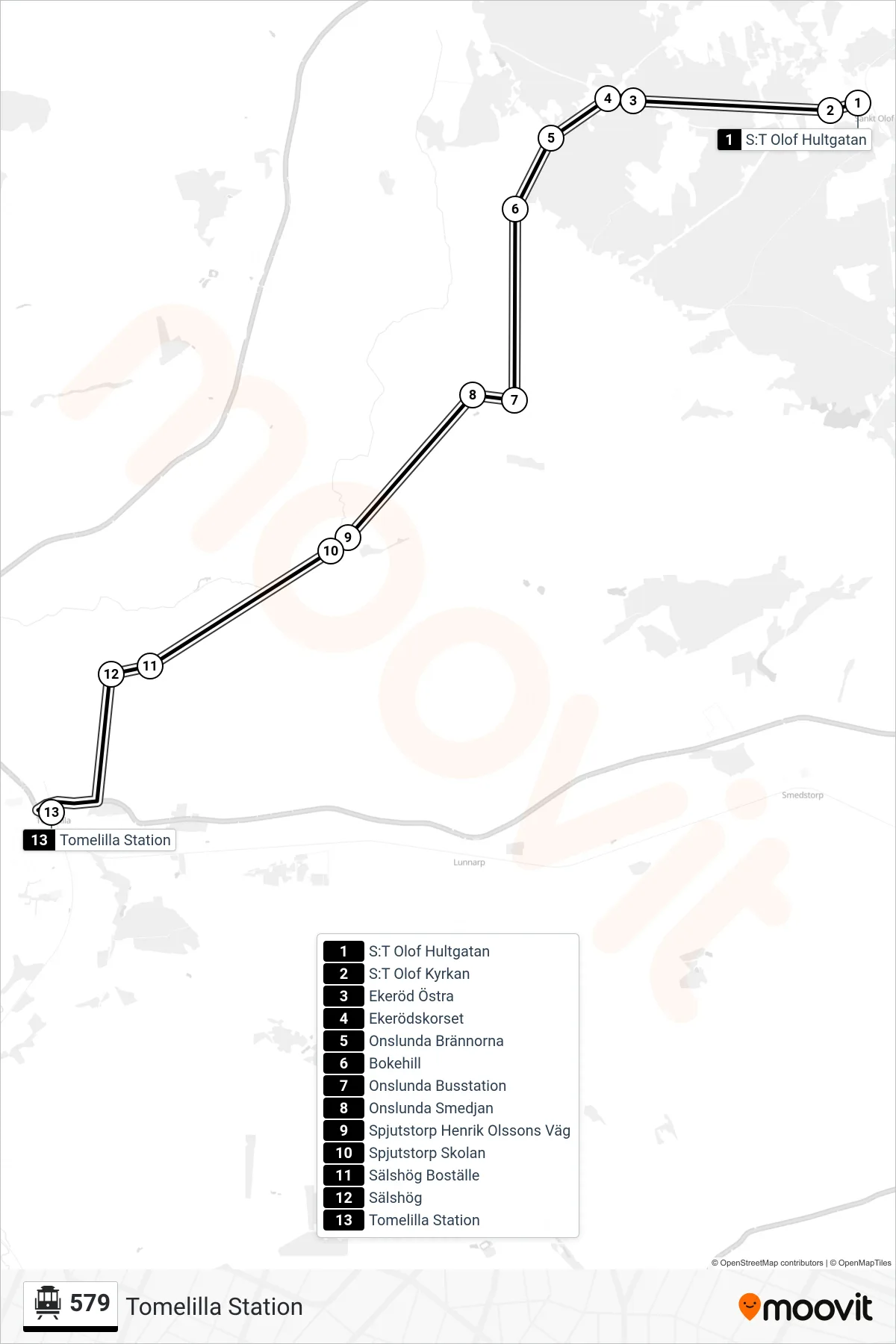 Rutt och hållplatser på karta för linje 579 spårvagn, (Tomelilla Station)