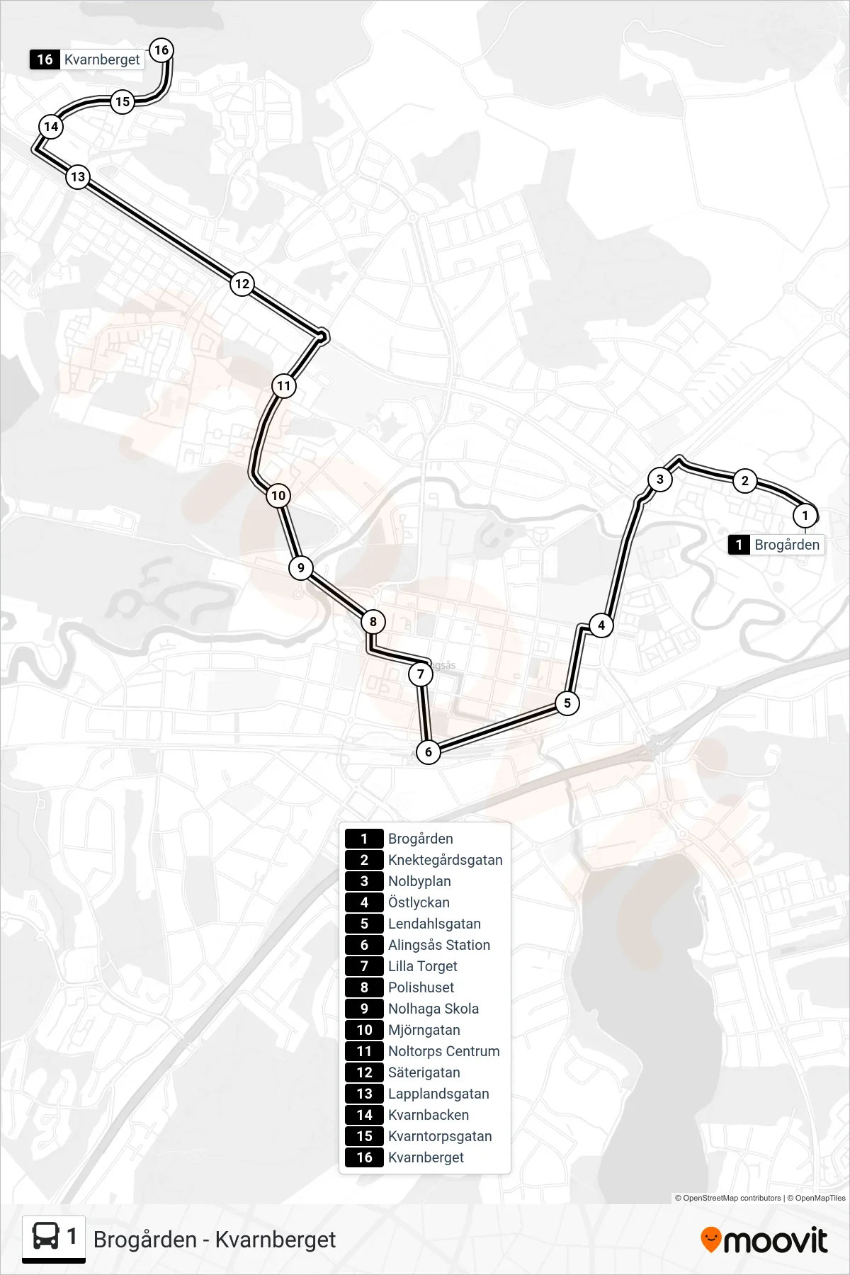 Rutt och hållplatser på karta för linje 1 spårvagn, (Kvarnberget)