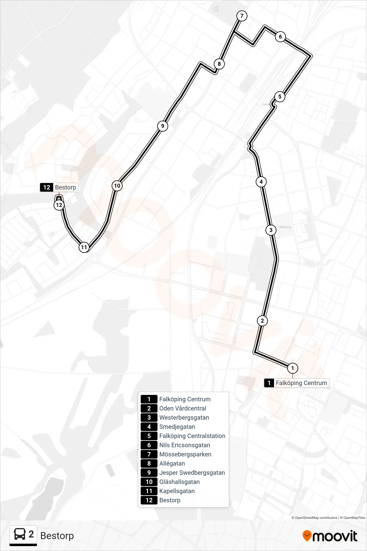 Rutt och hållplatser på karta för linje 2 spårvagn, (Bestorp)
