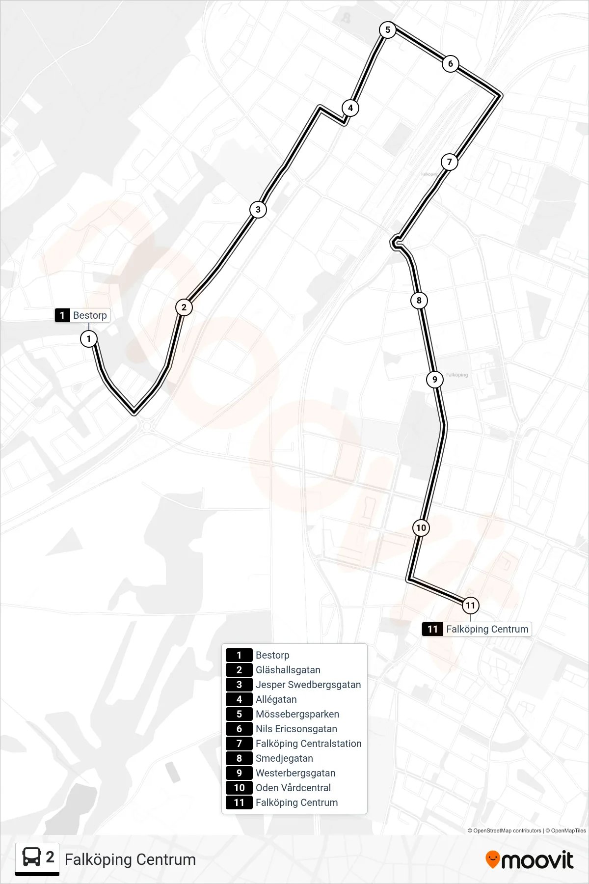 Rutt och hållplatser på karta för linje 2 spårvagn, (Falköping Centrum)