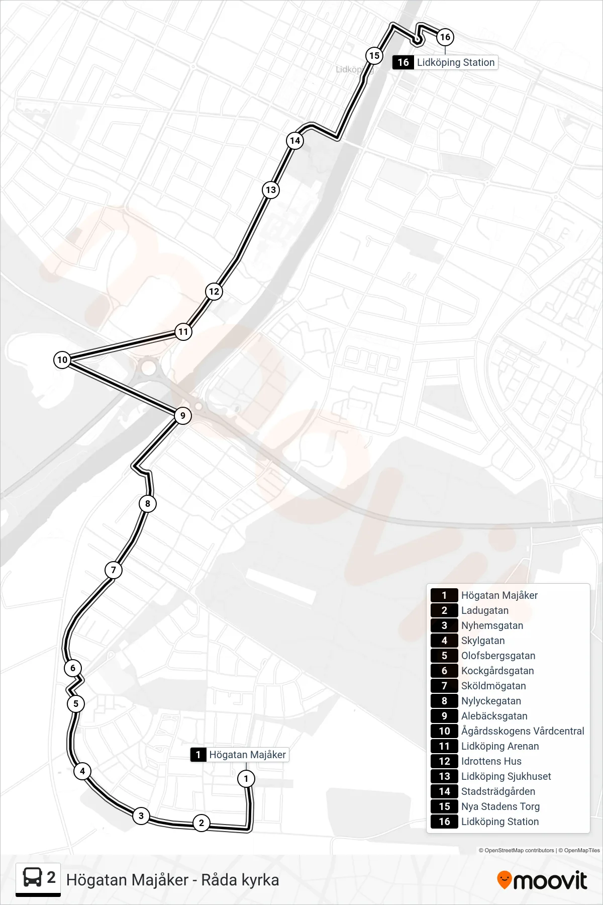 Rutt och hållplatser på karta för linje 2  spårvagn, (Lidköping Station)
