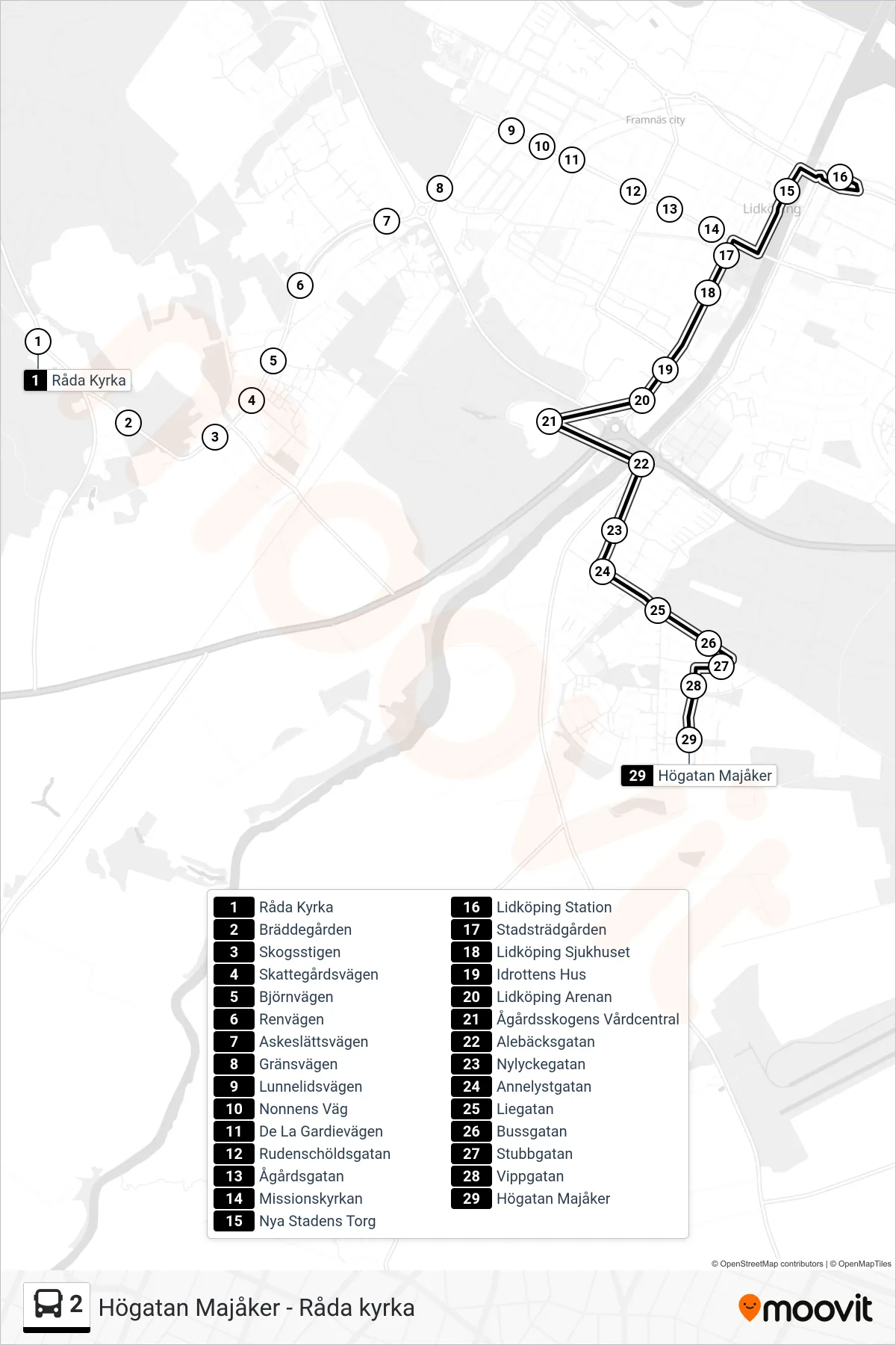 Rutt och hållplatser på karta för linje 2  spårvagn, (Högatan Majåker)