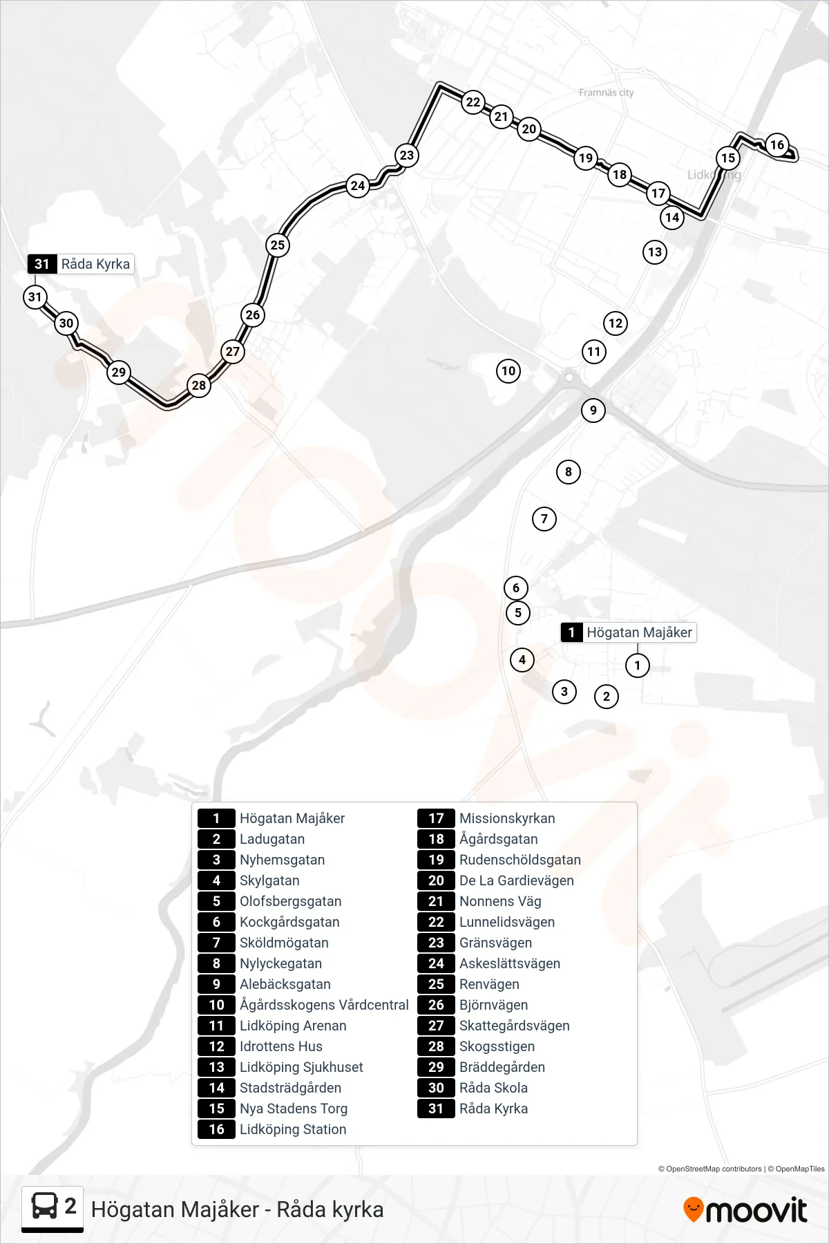 Rutt och hållplatser på karta för linje 2  spårvagn, (Råda Kyrka)