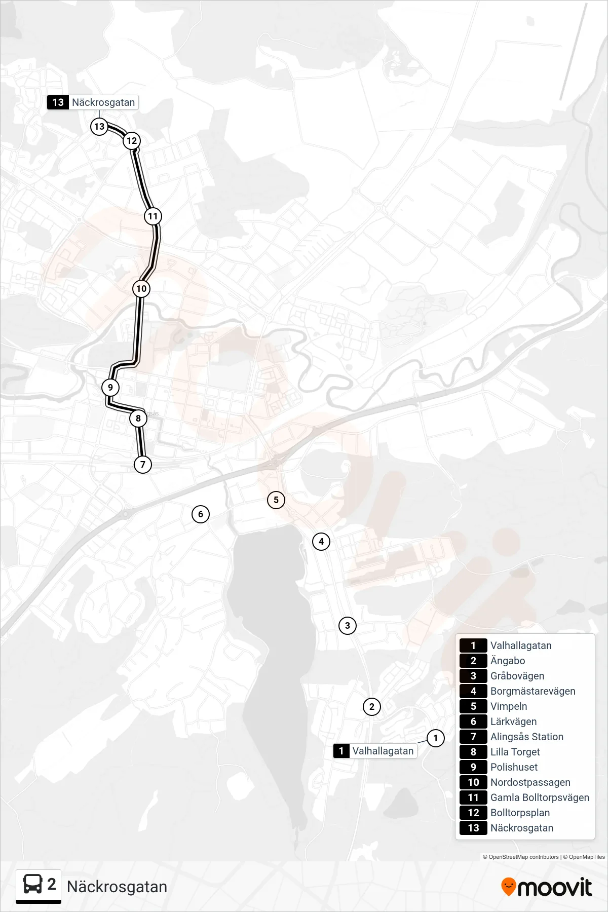 Rutt och hållplatser på karta för linje 2  spårvagn, (Näckrosgatan)