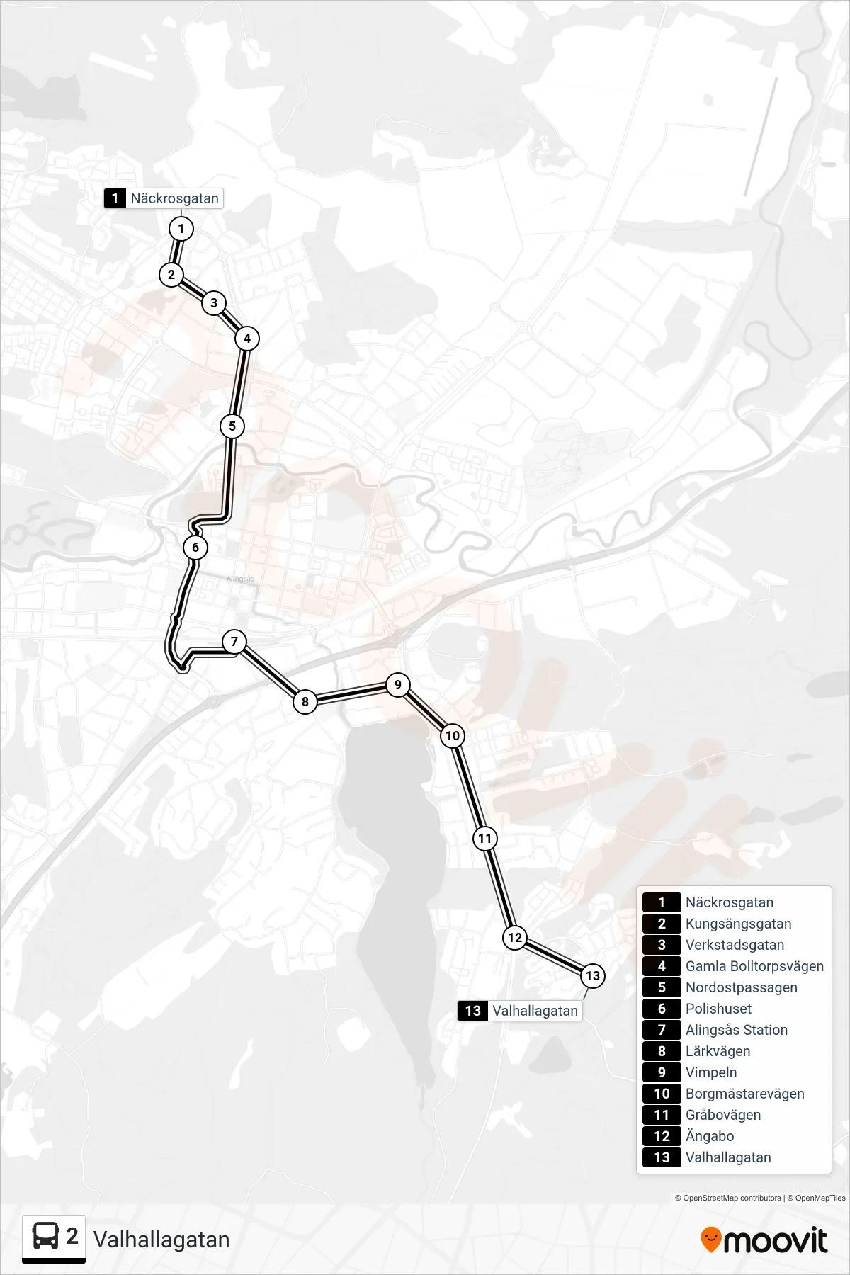 Rutt och hållplatser på karta för linje 2  spårvagn, (Valhallagatan)