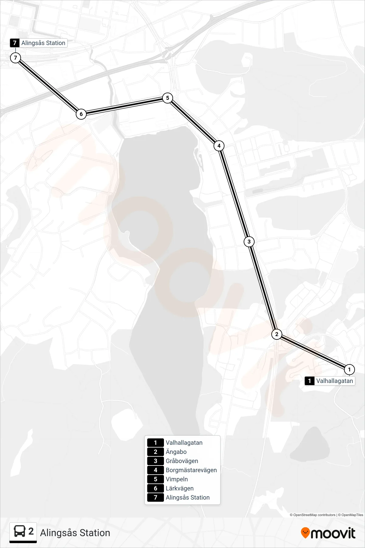 Rutt och hållplatser på karta för linje 2 spårvagn, (Alingsås Station)