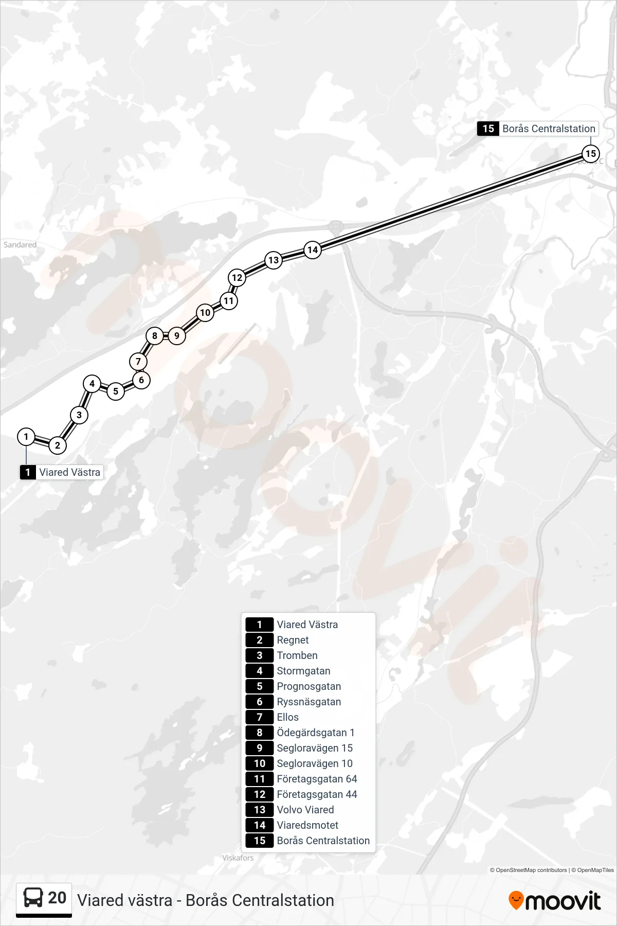 Rutt och hållplatser på karta för linje 20  spårvagn, (Borås Centralstation)