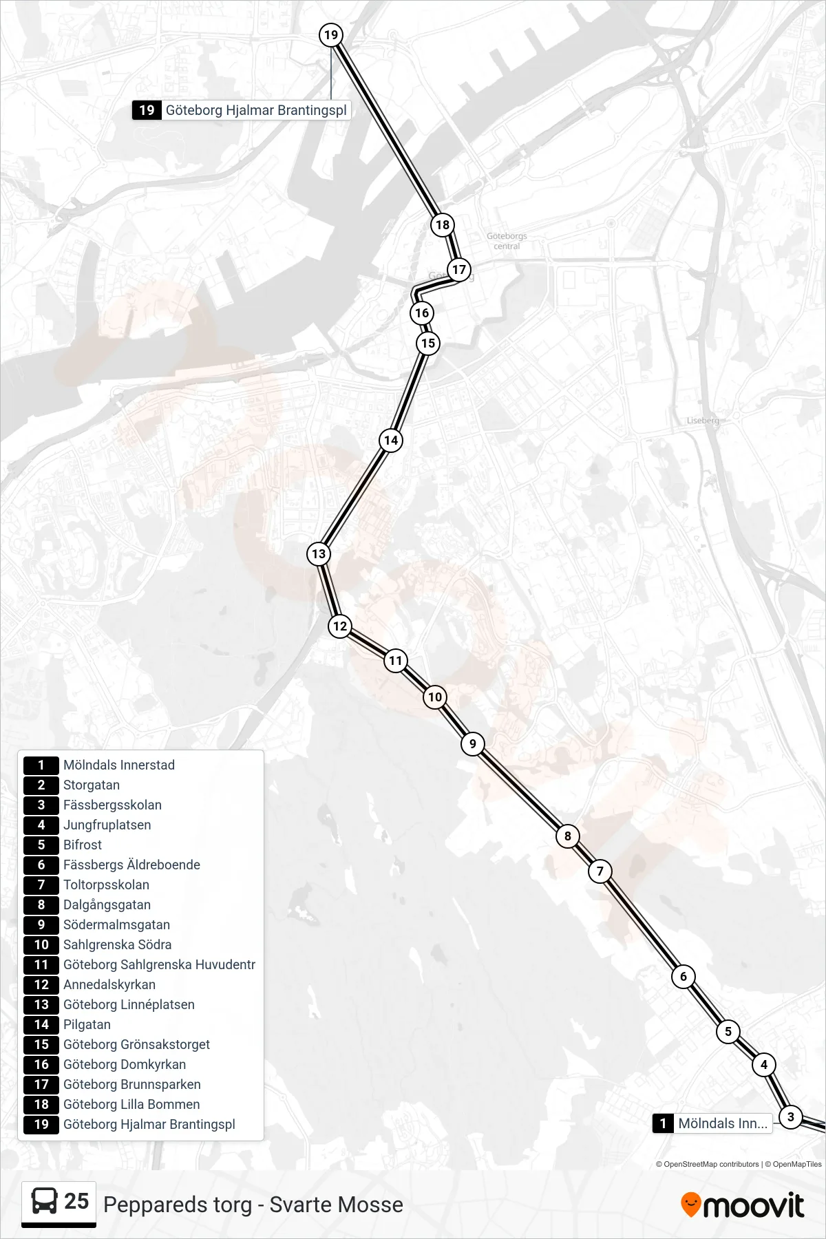 Rutt och hållplatser på karta för linje 25  spårvagn, (Göteborg Hjalmar Brantingspl)